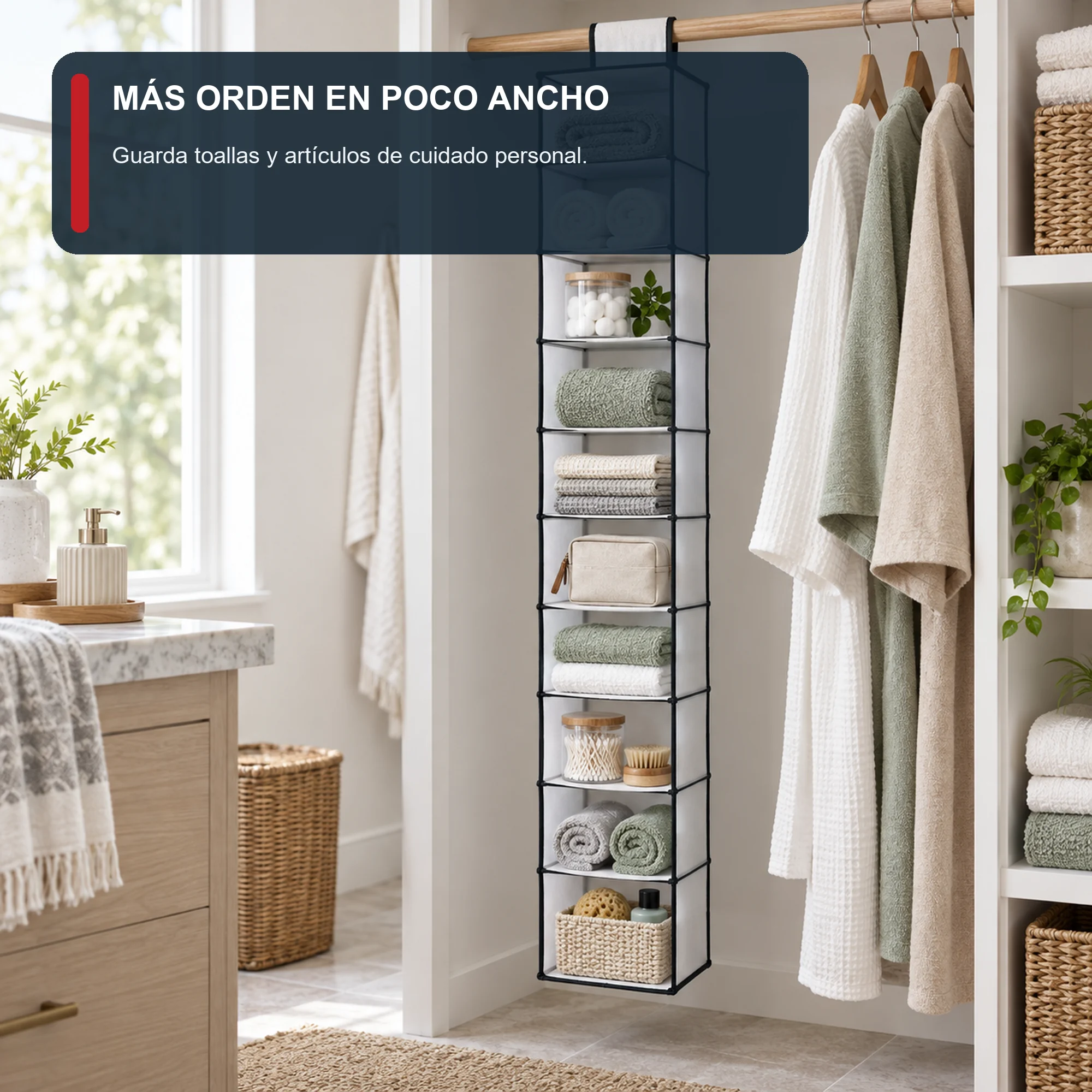 Organizador Colgante Estrecho de Clóset de 10 Niveles de PEVA y PP, 15 × 30 × 120 cm, 1 Unidad