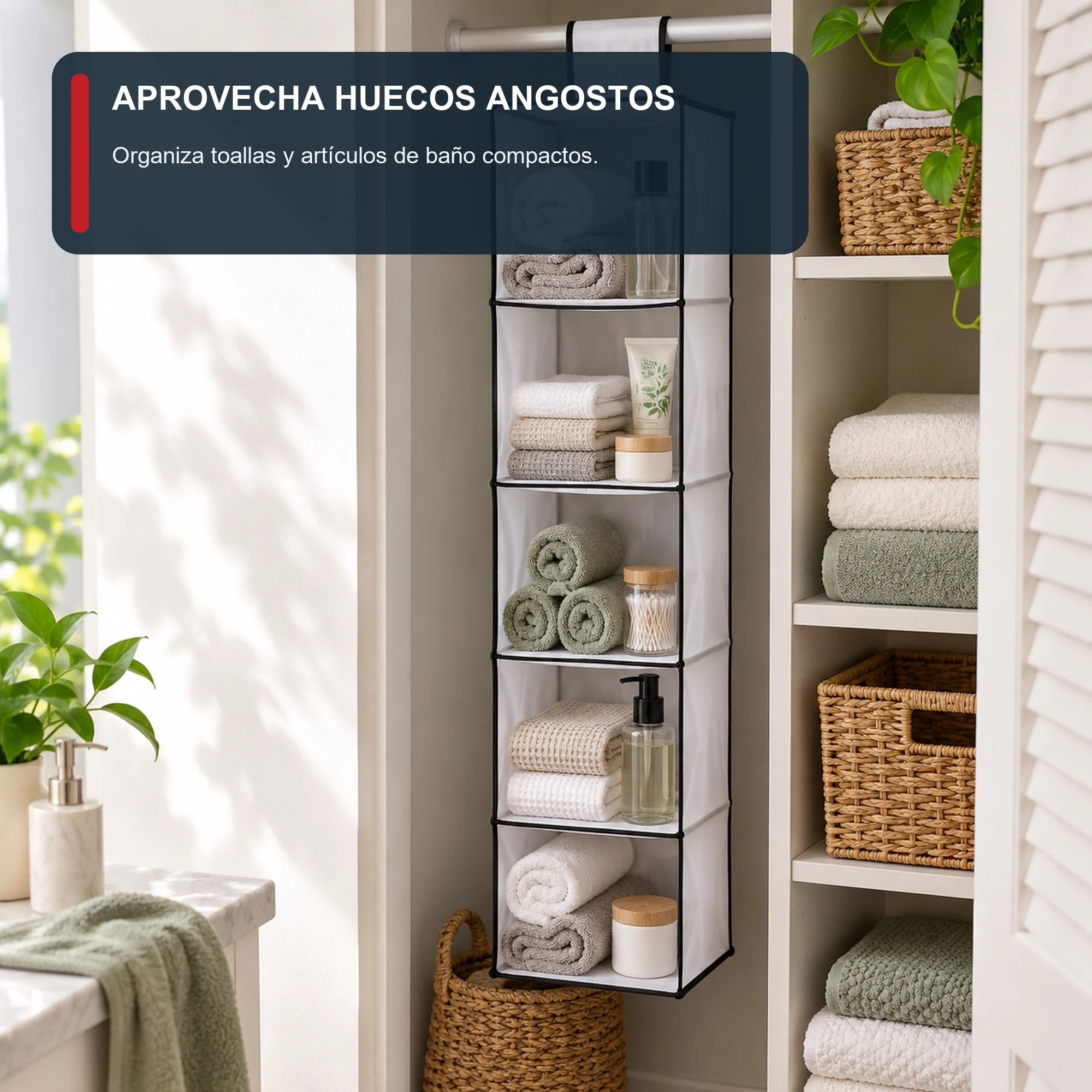 Organizador Colgante Estrecho de Clóset de 5 Niveles de PEVA y PP, 15 × 30 × 70 cm, 1 Unidad