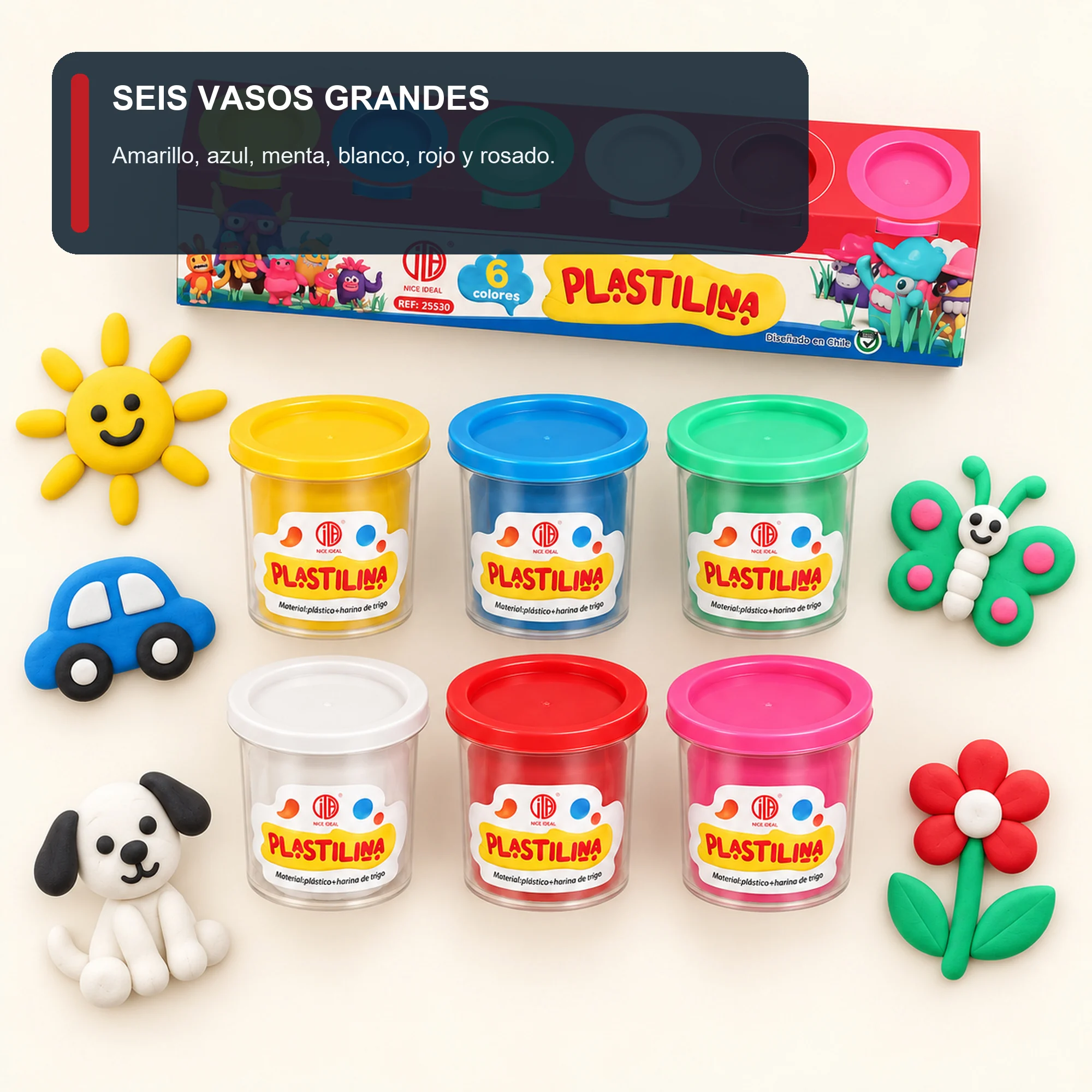 Set de Plasticina en 6 Vasos Grandes, 6 Colores