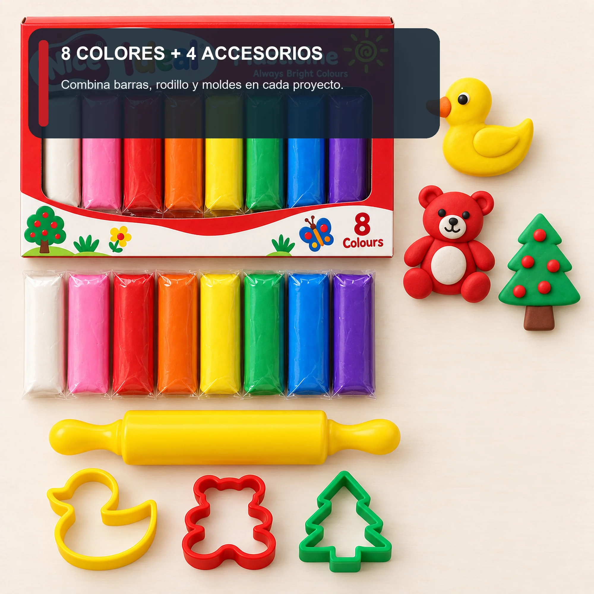 Plasticina de 8 Colores con Rodillo y 3 Cortadores, 100 g