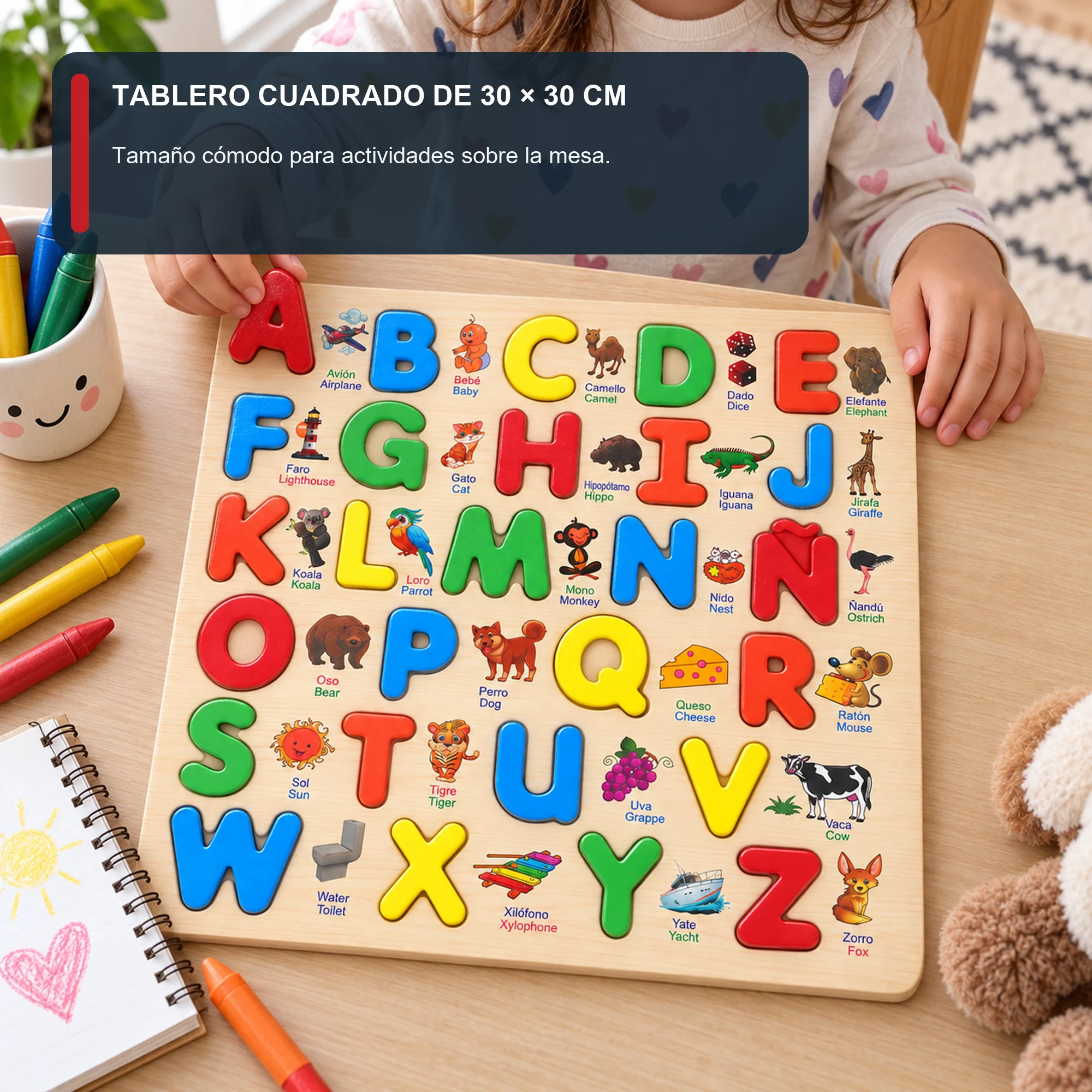 Puzzle de Madera con Alfabeto Bilingüe Español-Inglés, 30 × 30 cm