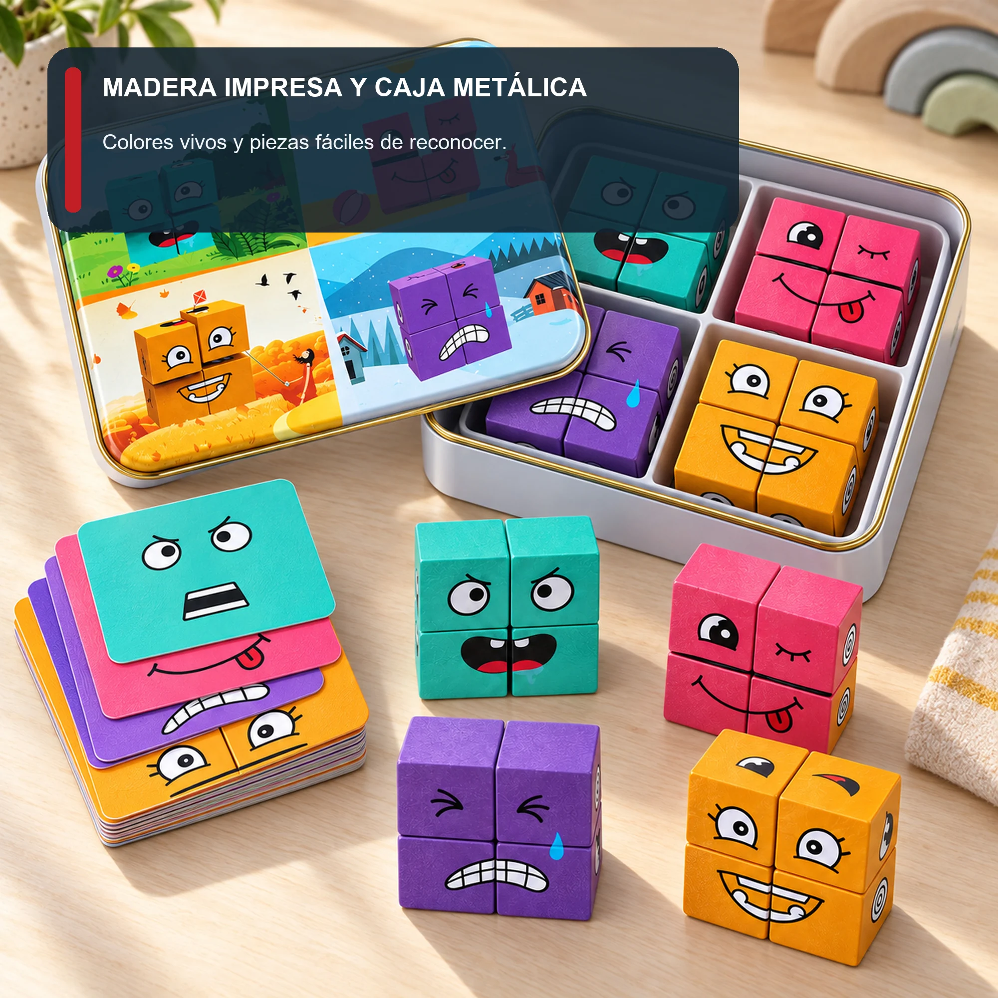 Puzzle de Expresiones con Cubos de Madera y Caja Metálica