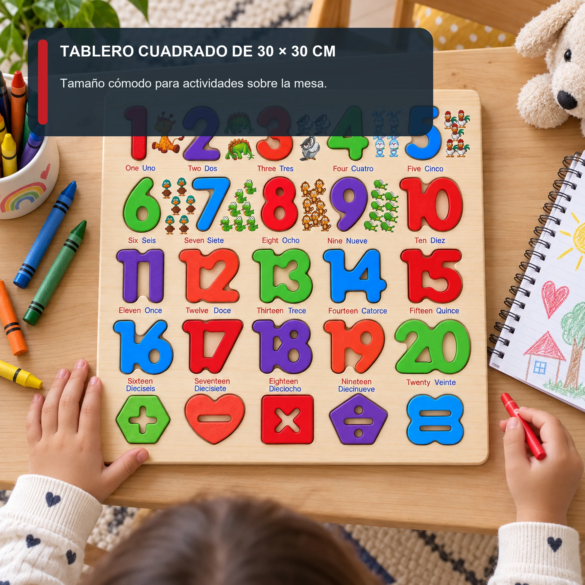 Puzzle de Madera con Números Bilingües del 1 al 20, 30 × 30 cm