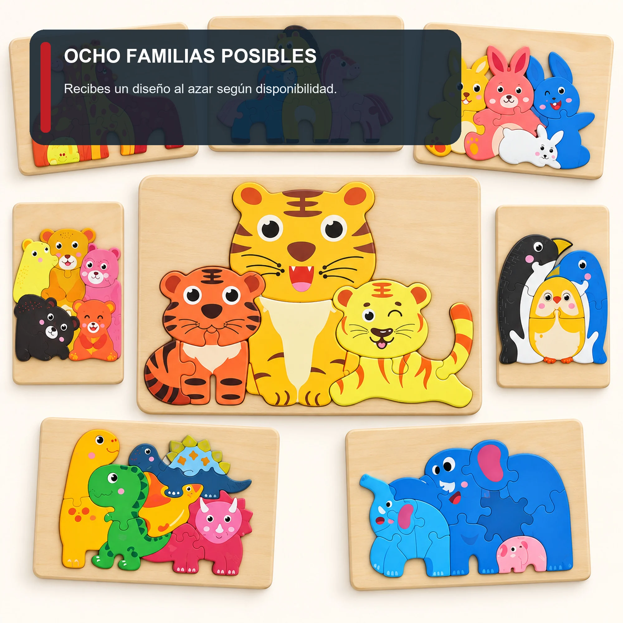Rompecabezas de Familias de Animales, Madera 22 × 15 cm, Diseño Surtido