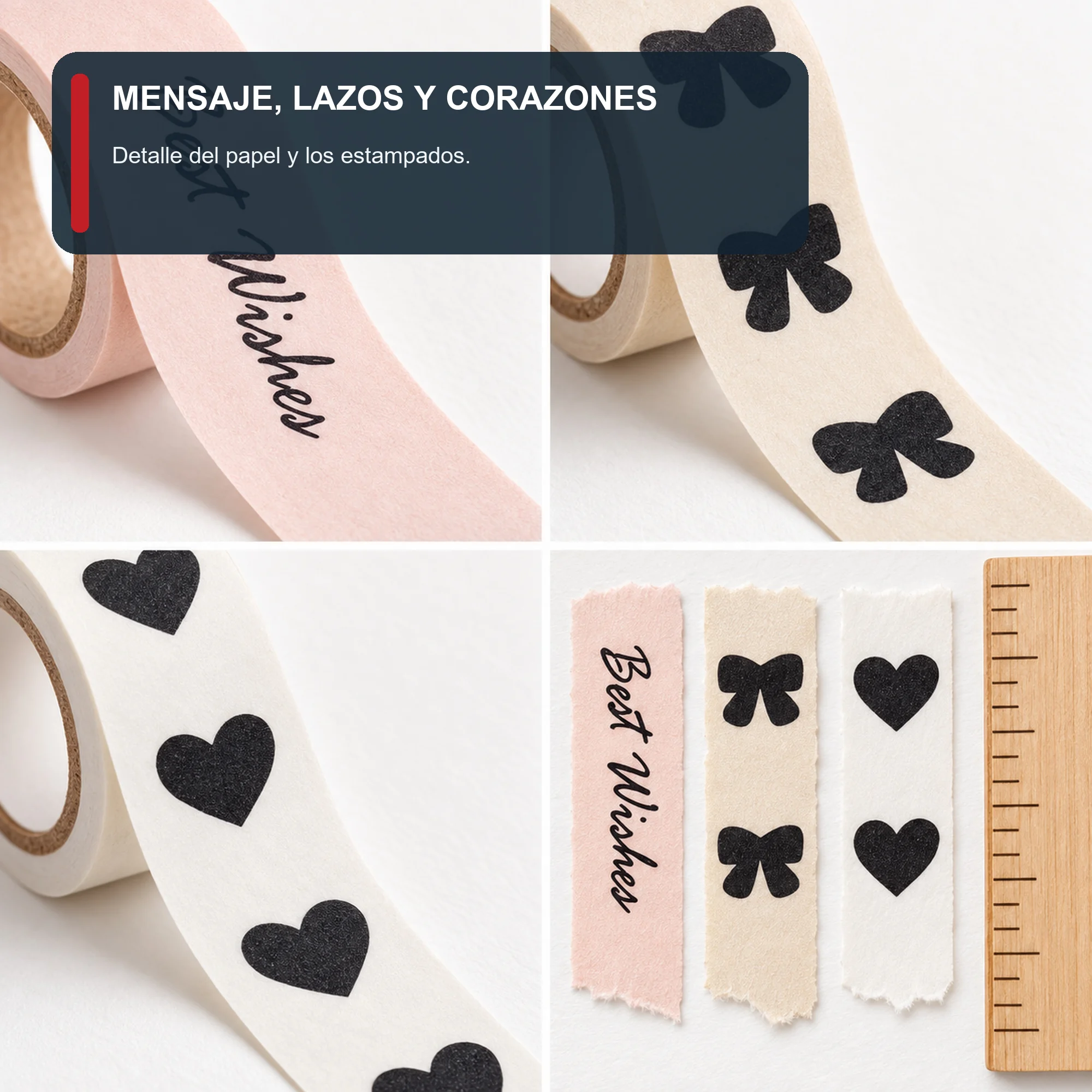 Set de 3 Cintas Washi Con Best Wishes, Corazones Y Lazos, 1,5 cm × 2 m por Rollo
