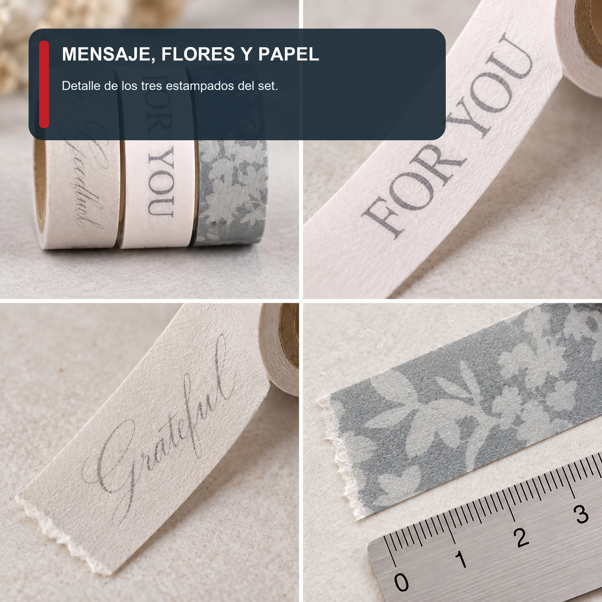 Set de 3 Cintas Washi Grises Con Mensaje For You, 1,5 cm × 2 m por Rollo