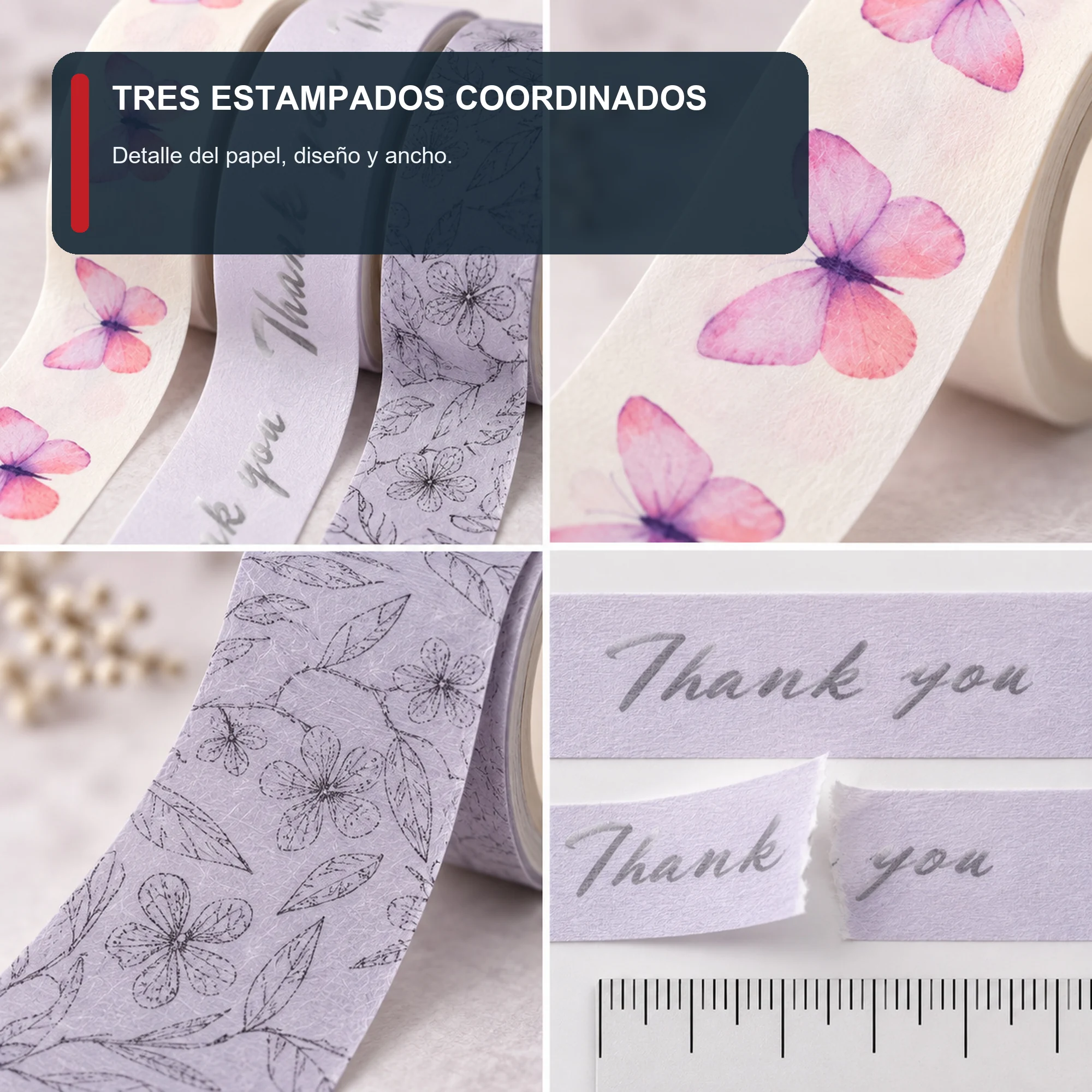 Set de 3 Cintas Washi Lila Con Mariposas, 1,5 cm × 2 m por Rollo