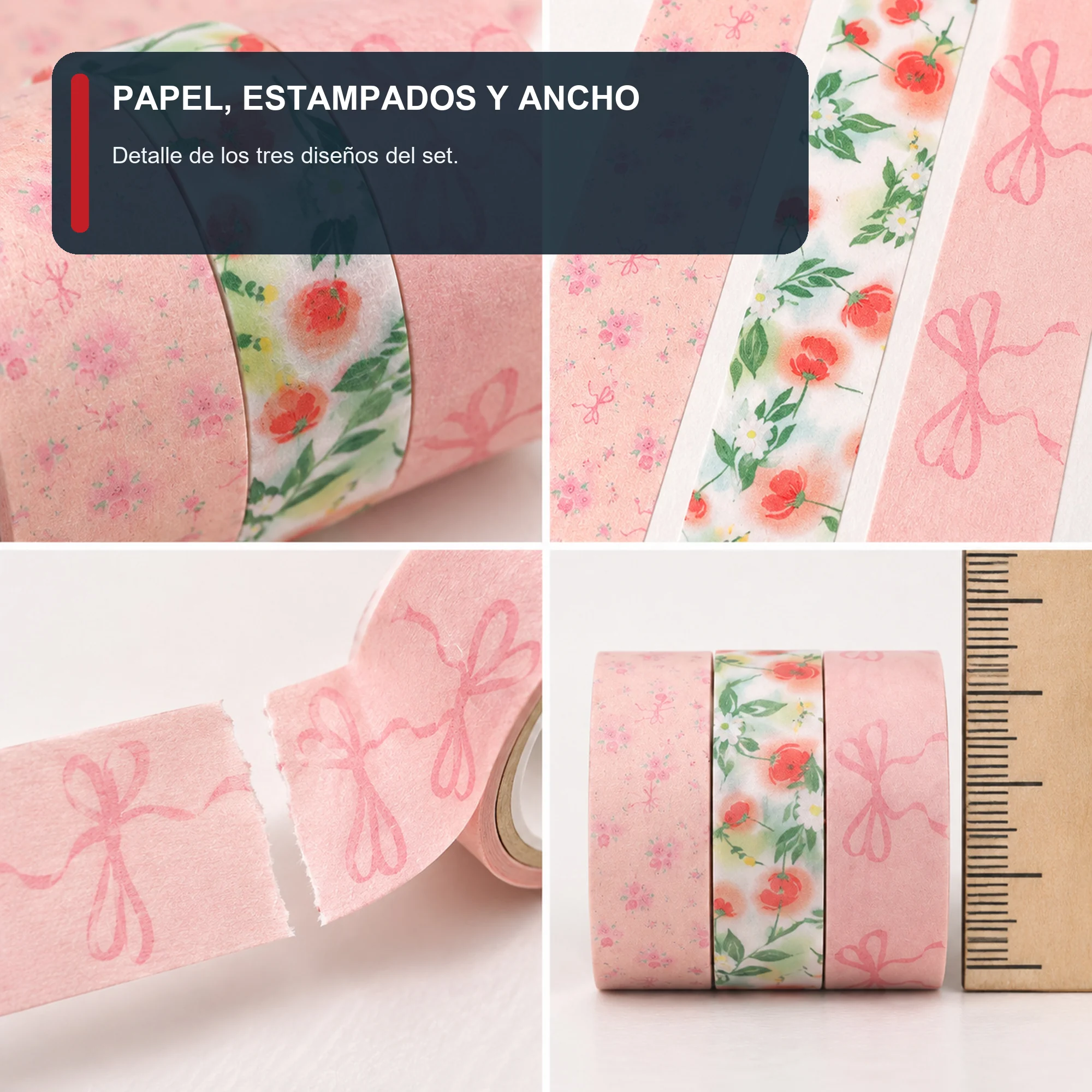 Set de 3 Cintas Washi Rosadas Florales, 1,5 cm × 2 m por Rollo