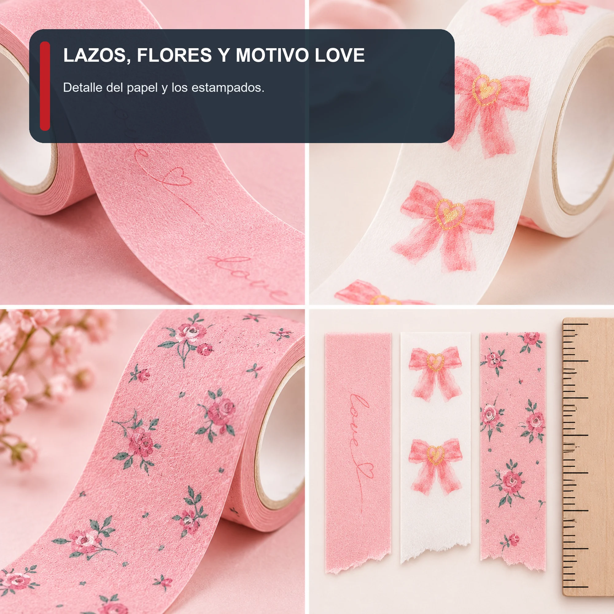 Set de 3 Cintas Washi Rosadas Con Lazos Y Flores, 1,5 cm × 2 m por Rollo