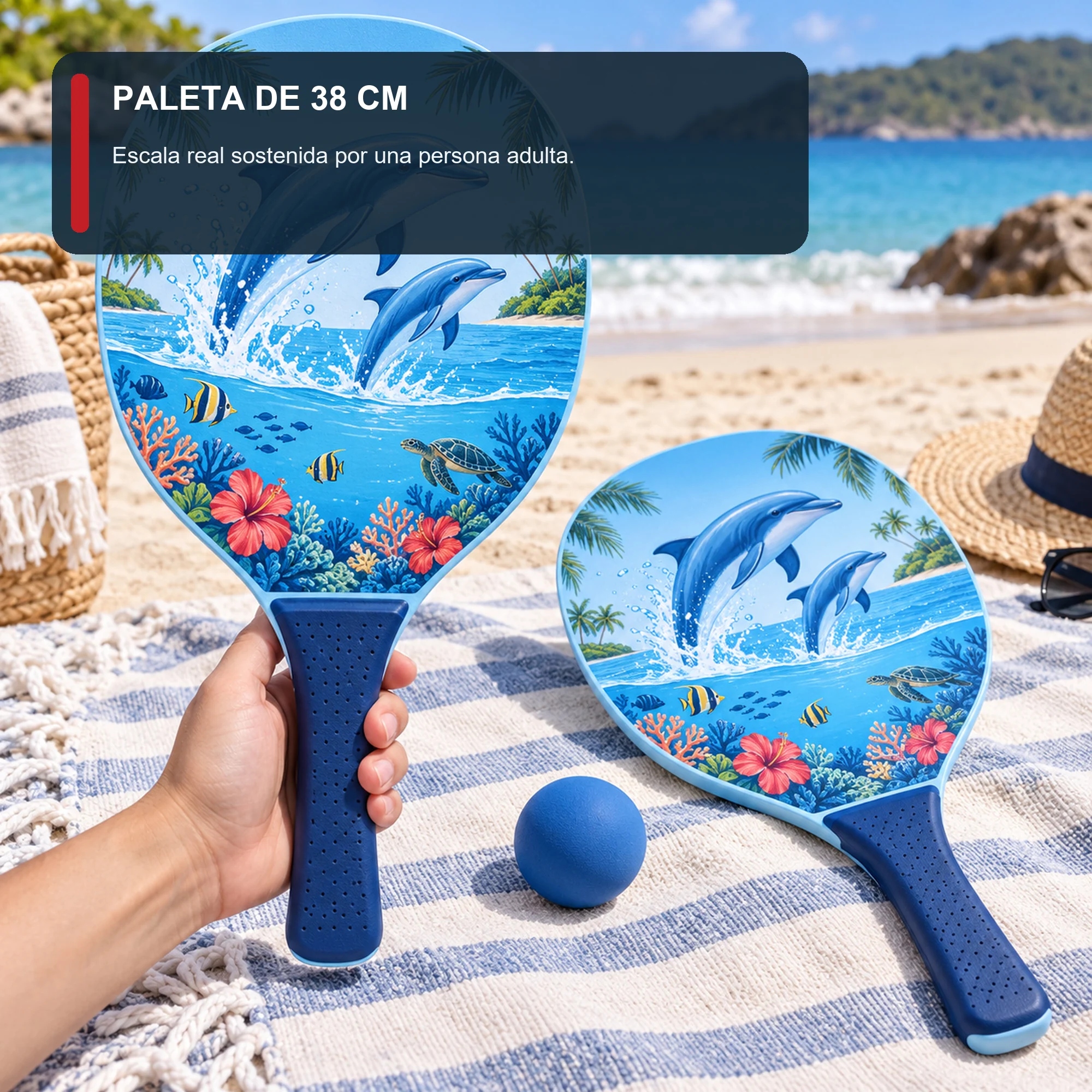 Set de Paletas de Playa Delfines con Pelota, 38 cm