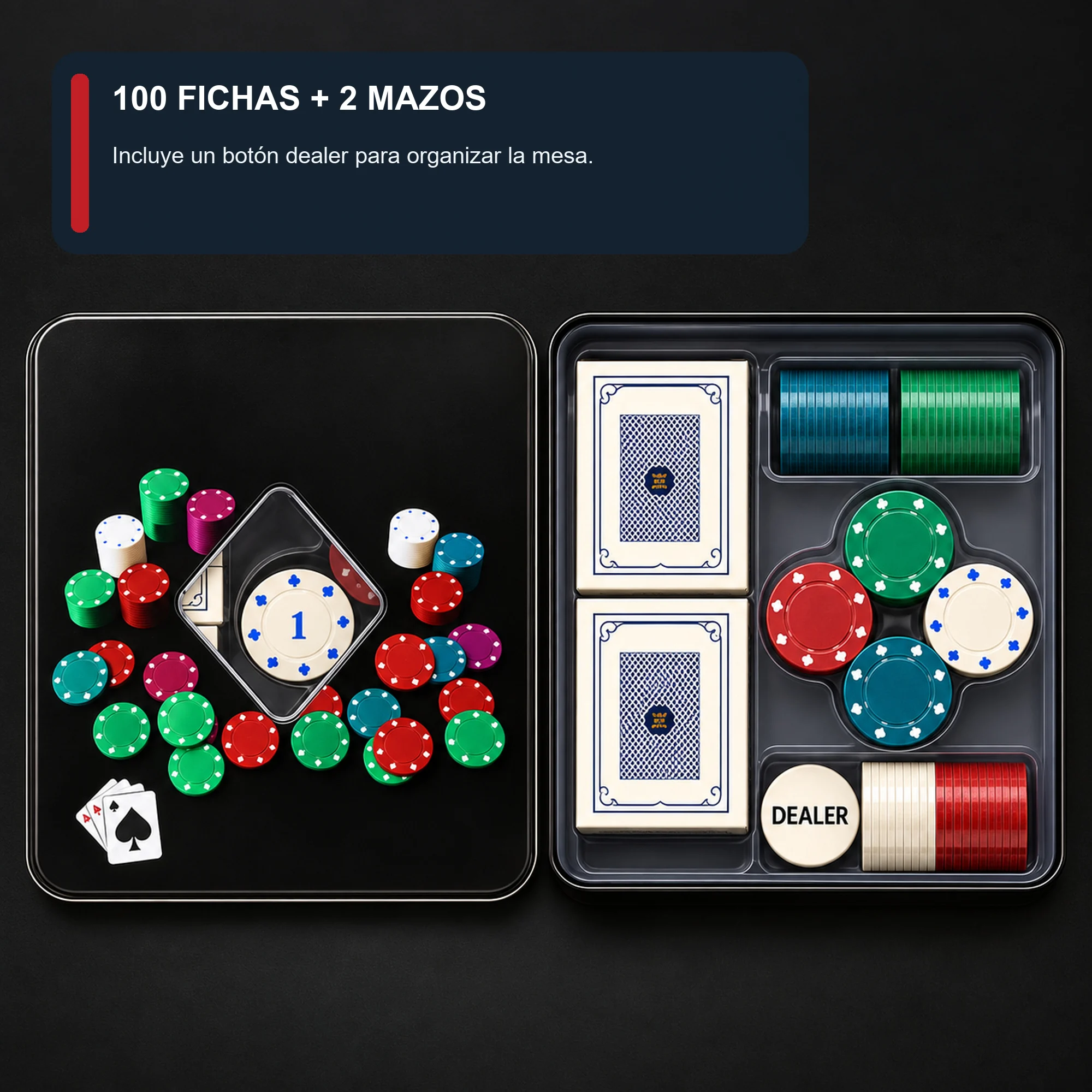 Set de Póker con 100 Fichas, 2 Mazos y Botón Dealer