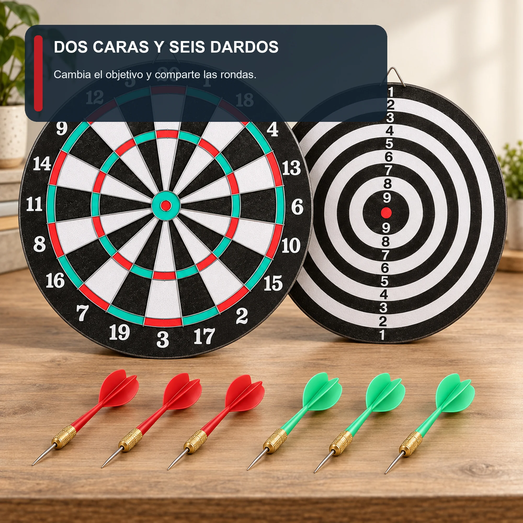 Tablero de Dardos Reversible de 36,3 cm con 6 Dardos