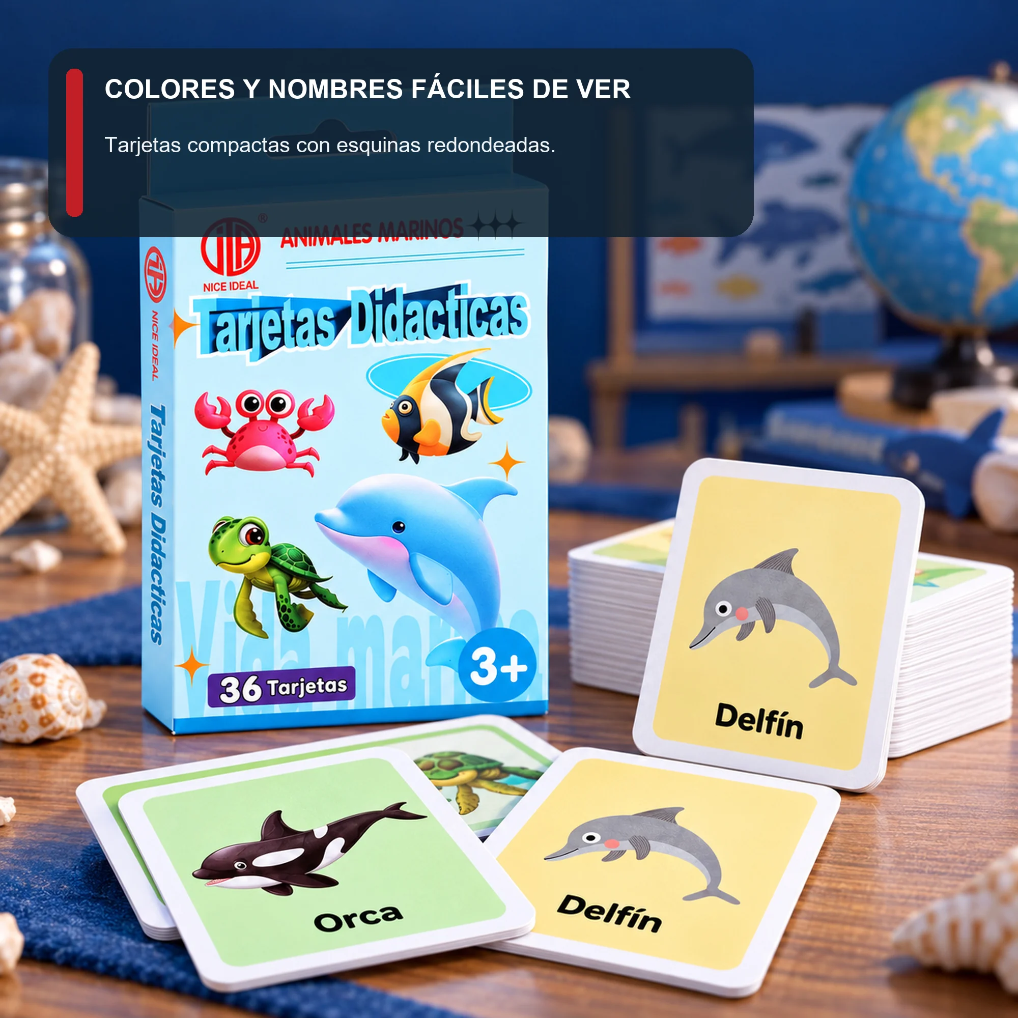 Tarjetas Didácticas de Animales Marinos, 36 Unidades, 7,8 × 11,7 cm