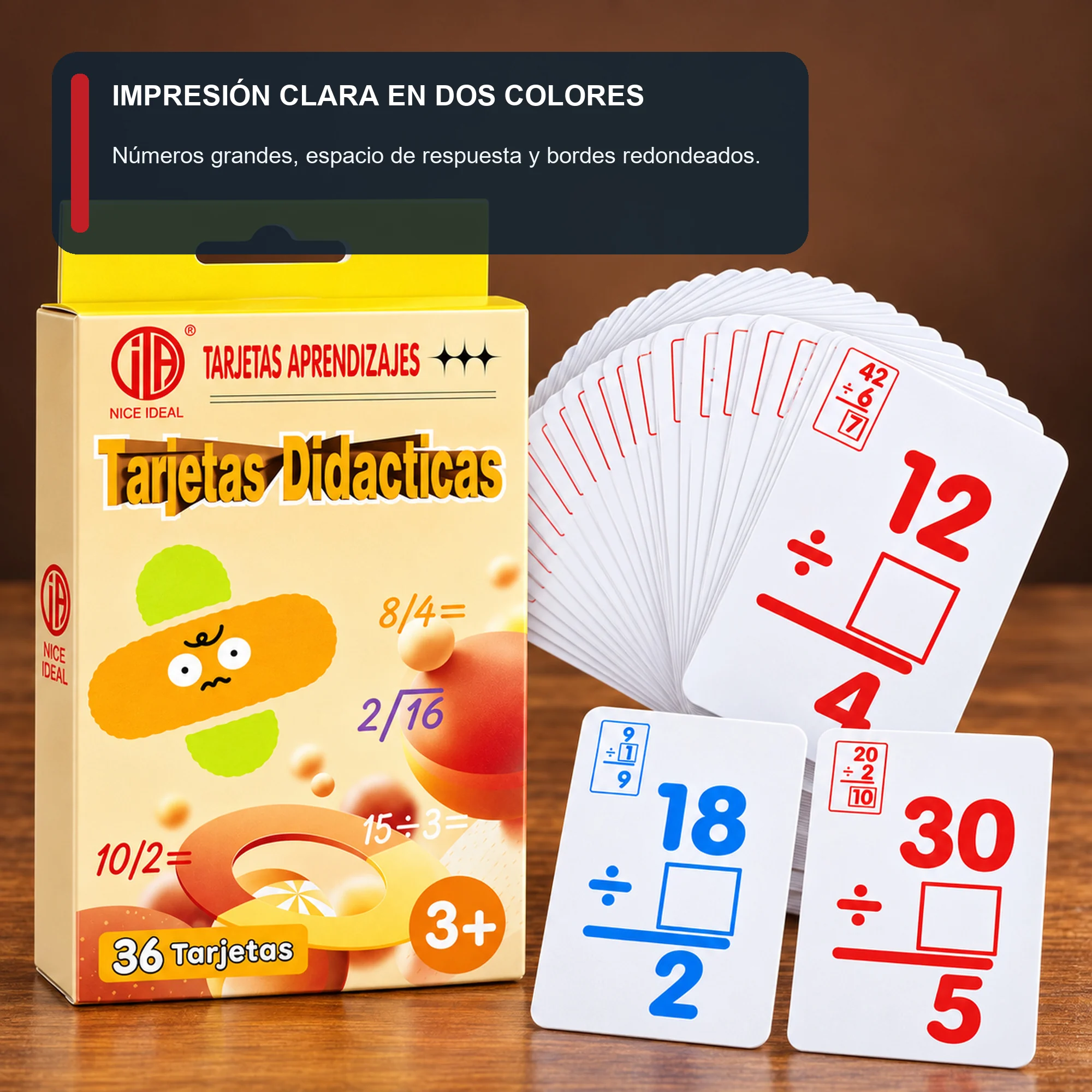 Tarjetas Didácticas de División, 36 Unidades, 7,8 × 11,7 cm
