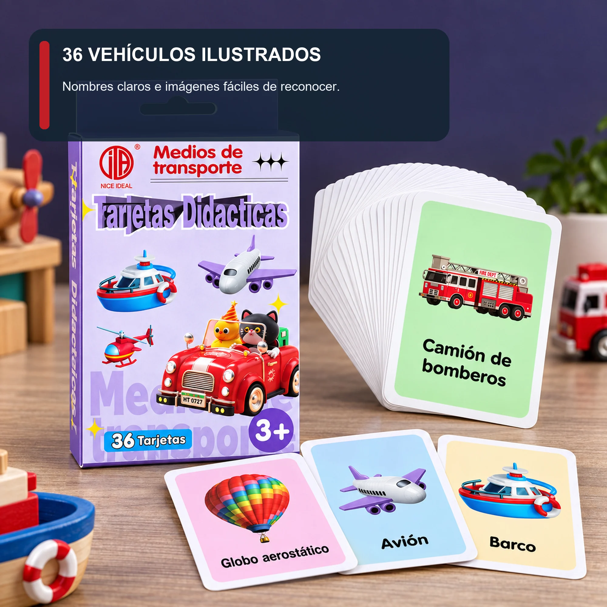 Tarjetas Didácticas de Medios de Transporte, 36 Unidades, 7,8 × 11,7 cm
