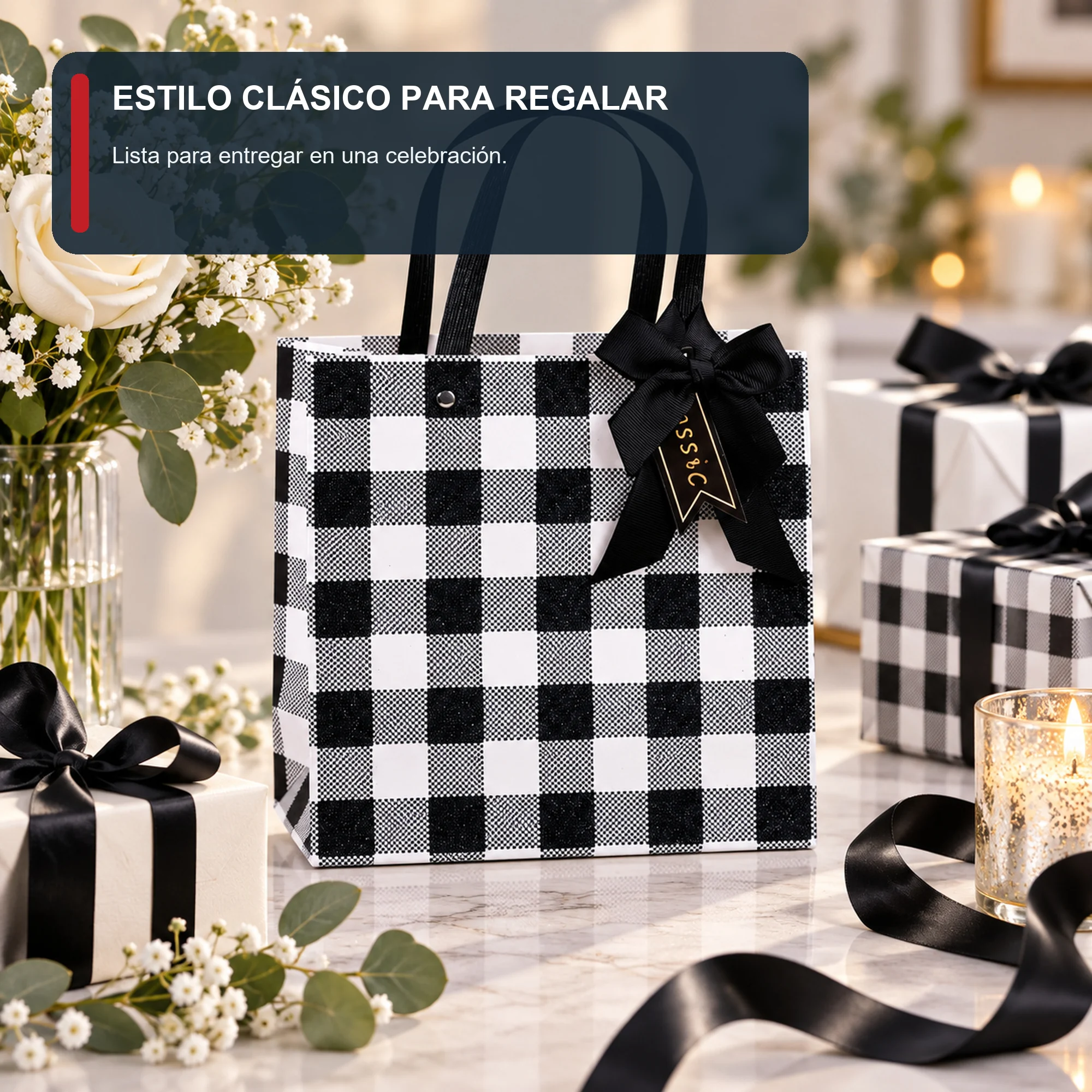 Bolsa de Regalo Bolsa Cuadrada A Cuadros Blanco Y Negro, 22 × 22 × 10 cm
