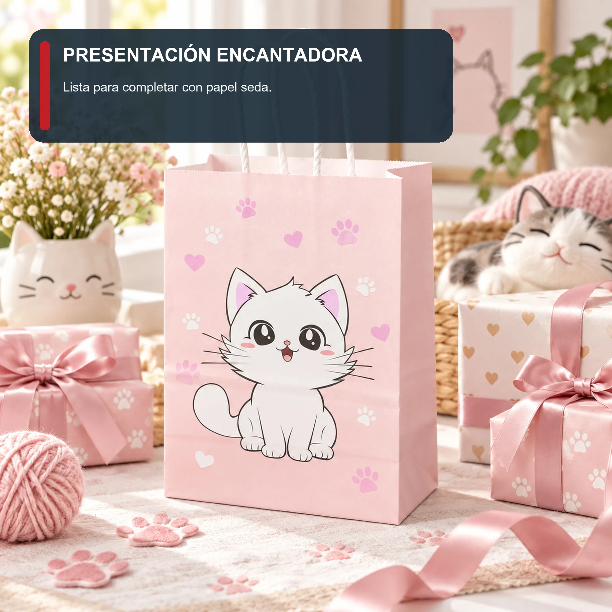 Bolsa de Regalo Infantil Estampada con Diseño De Gatito, 15 × 21 × 8 cm