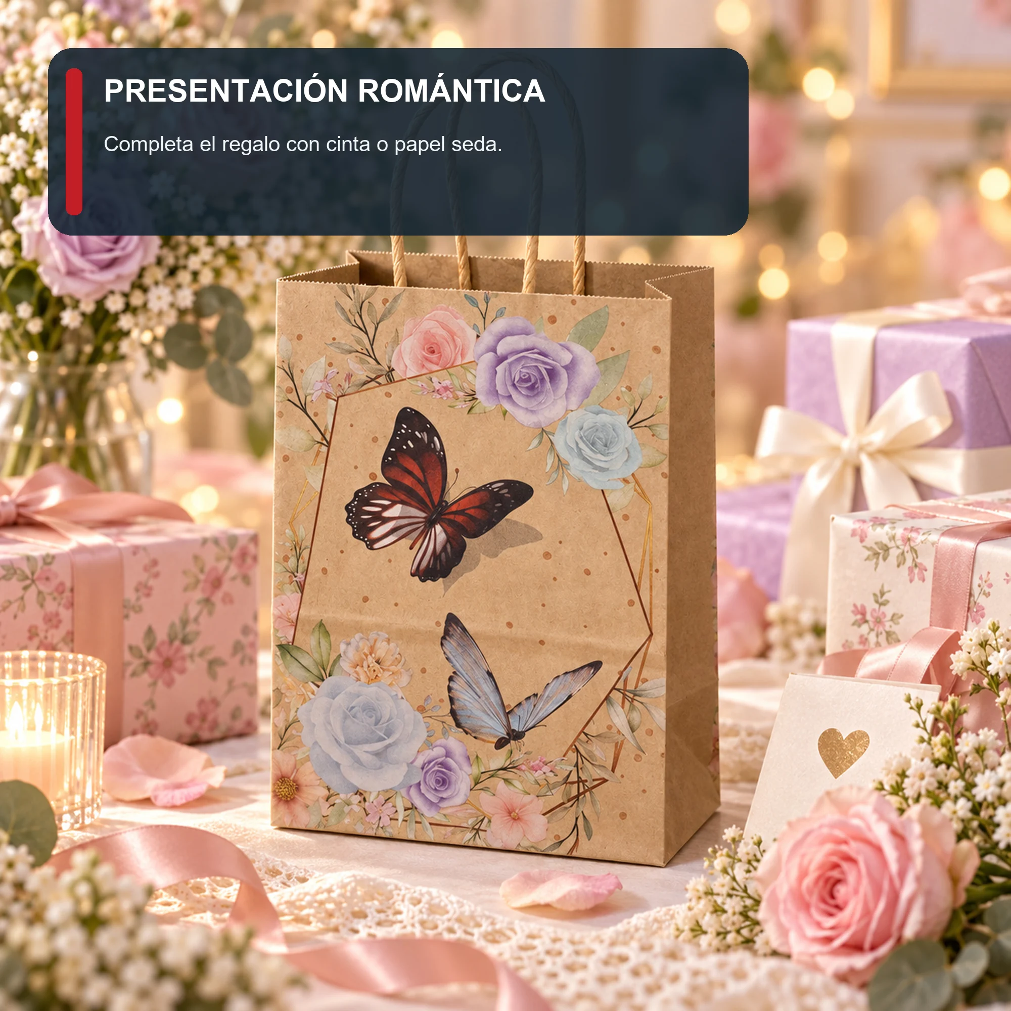 Bolsa de Regalo de Papel Kraft Estampada con Flores Y Mariposas, 15 × 21 × 8 cm, Diseños Surtidos