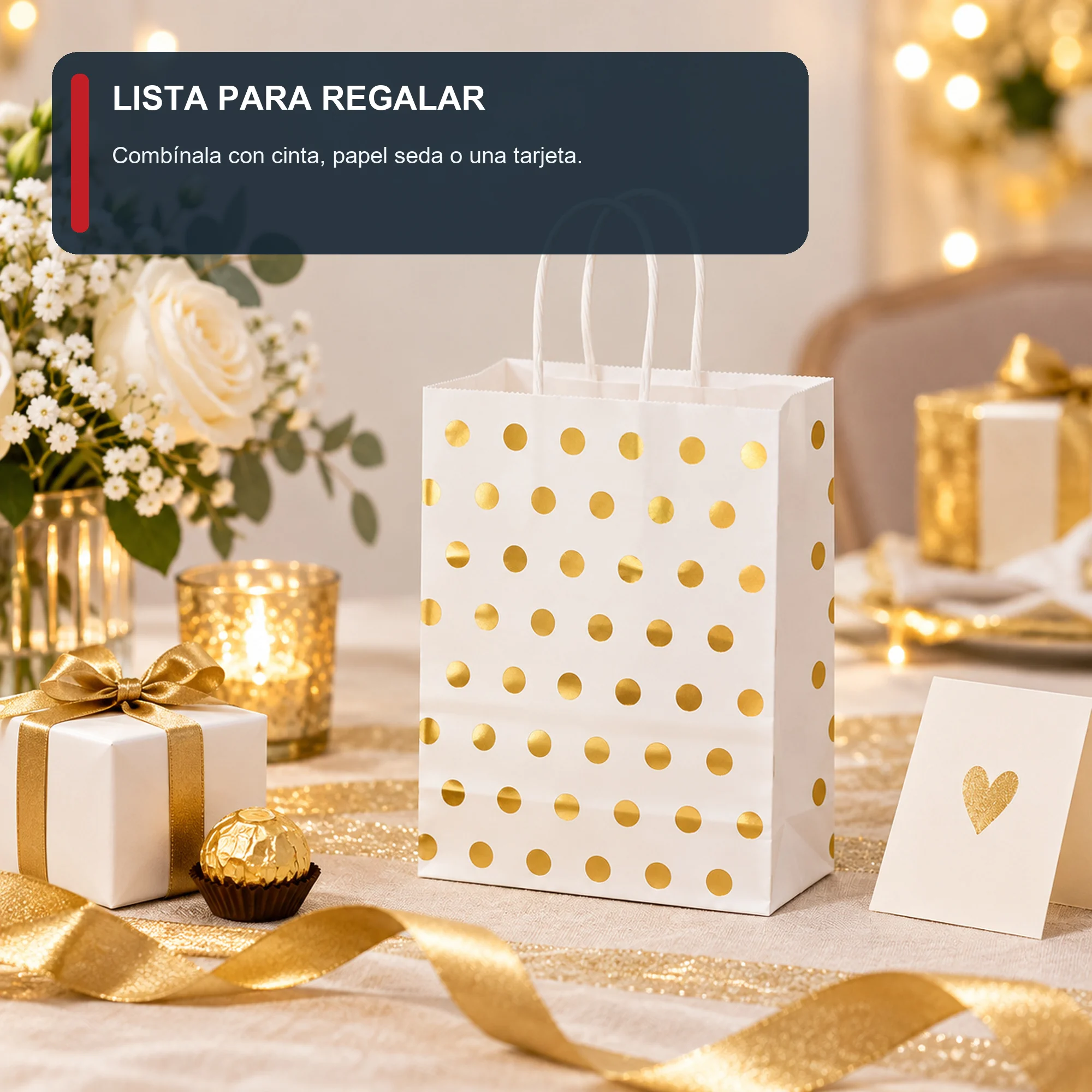 Bolsa de Regalo de Papel con Lunares Metalizados y Asas Trenzadas, 15 × 21 × 8 cm, Colores Surtidos