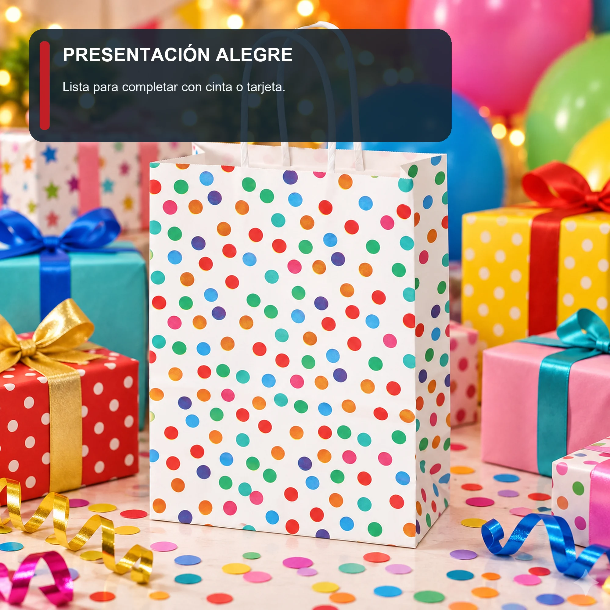 Bolsa de Regalo de Papel Estampada con Lunares Multicolor, 21 × 27 × 11 cm, Diseños Surtidos