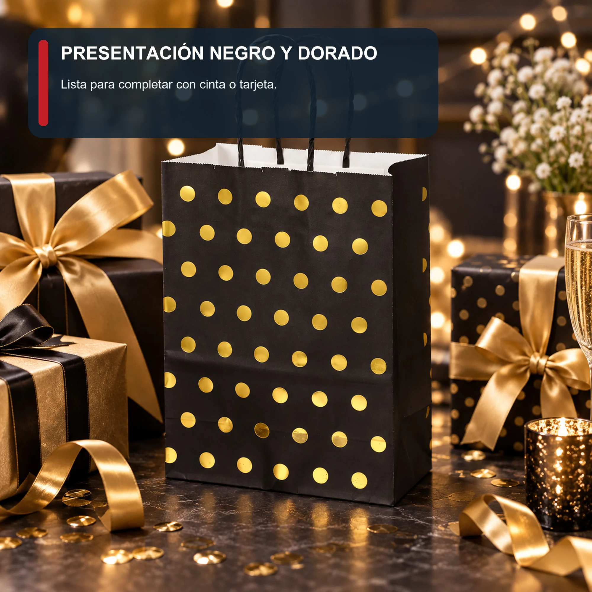Bolsa de Regalo de Papel con Lunares Dorados y Asas Trenzadas, 21 × 27 × 11 cm, Diseños Surtidos