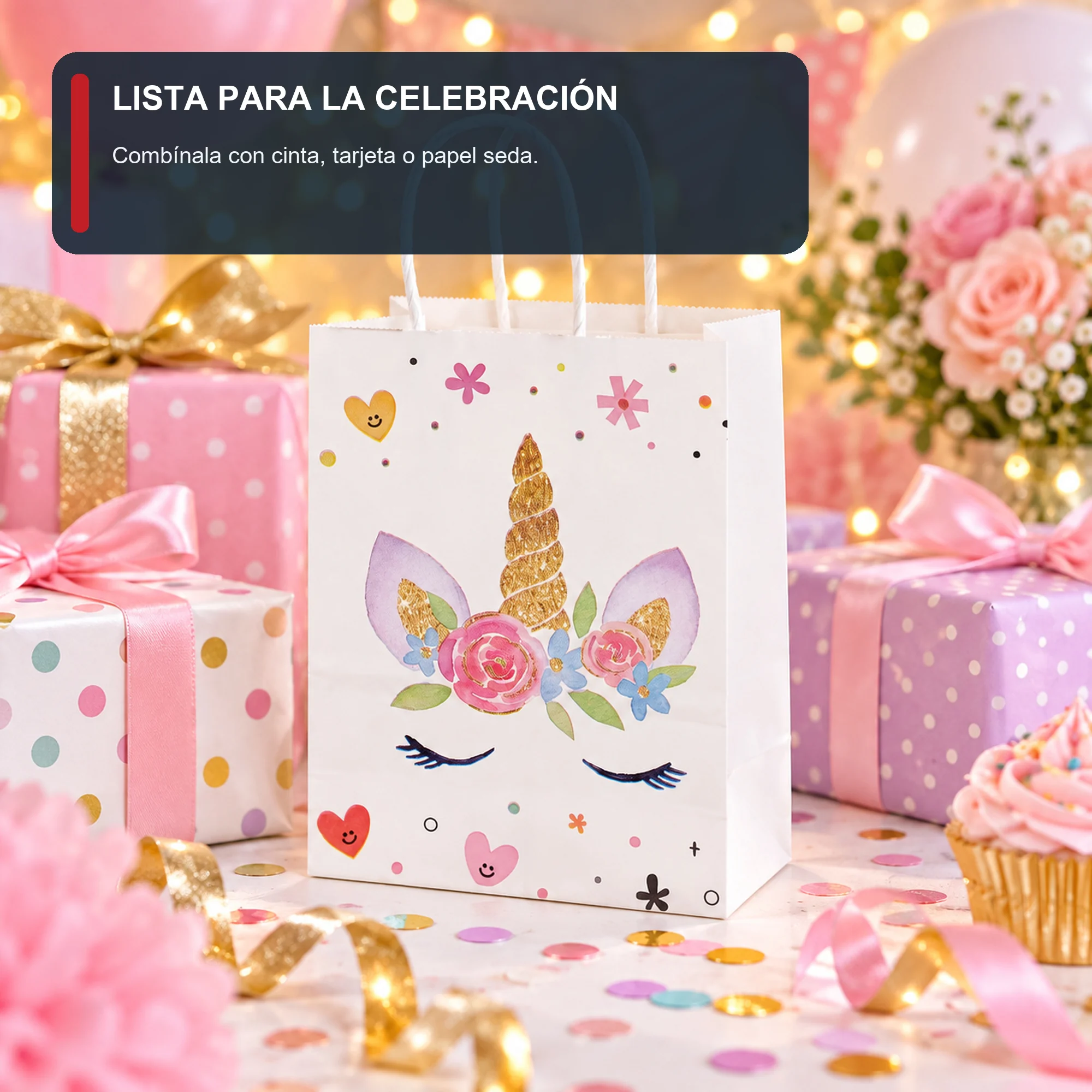 Bolsa de Regalo de Papel con Diseño De Unicornio y Asas Trenzadas, 11 × 15 × 6 cm, Diseños Surtidos