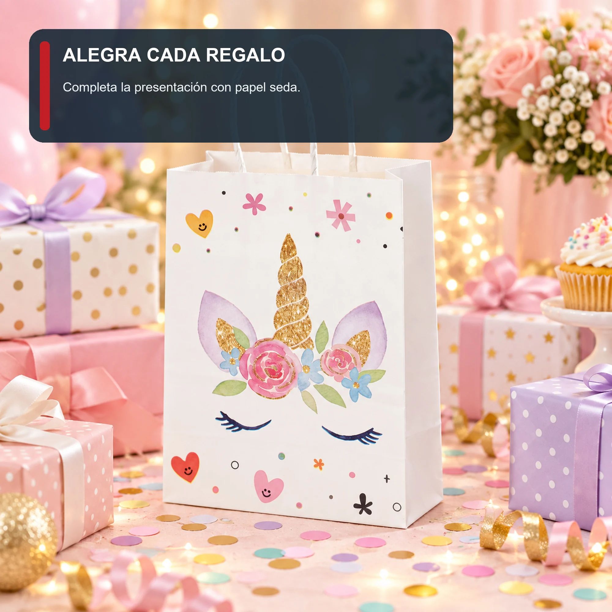 Bolsa de Regalo de Papel con Diseño De Unicornio y Asas Trenzadas, 15 × 21 × 8 cm, Diseños Surtidos