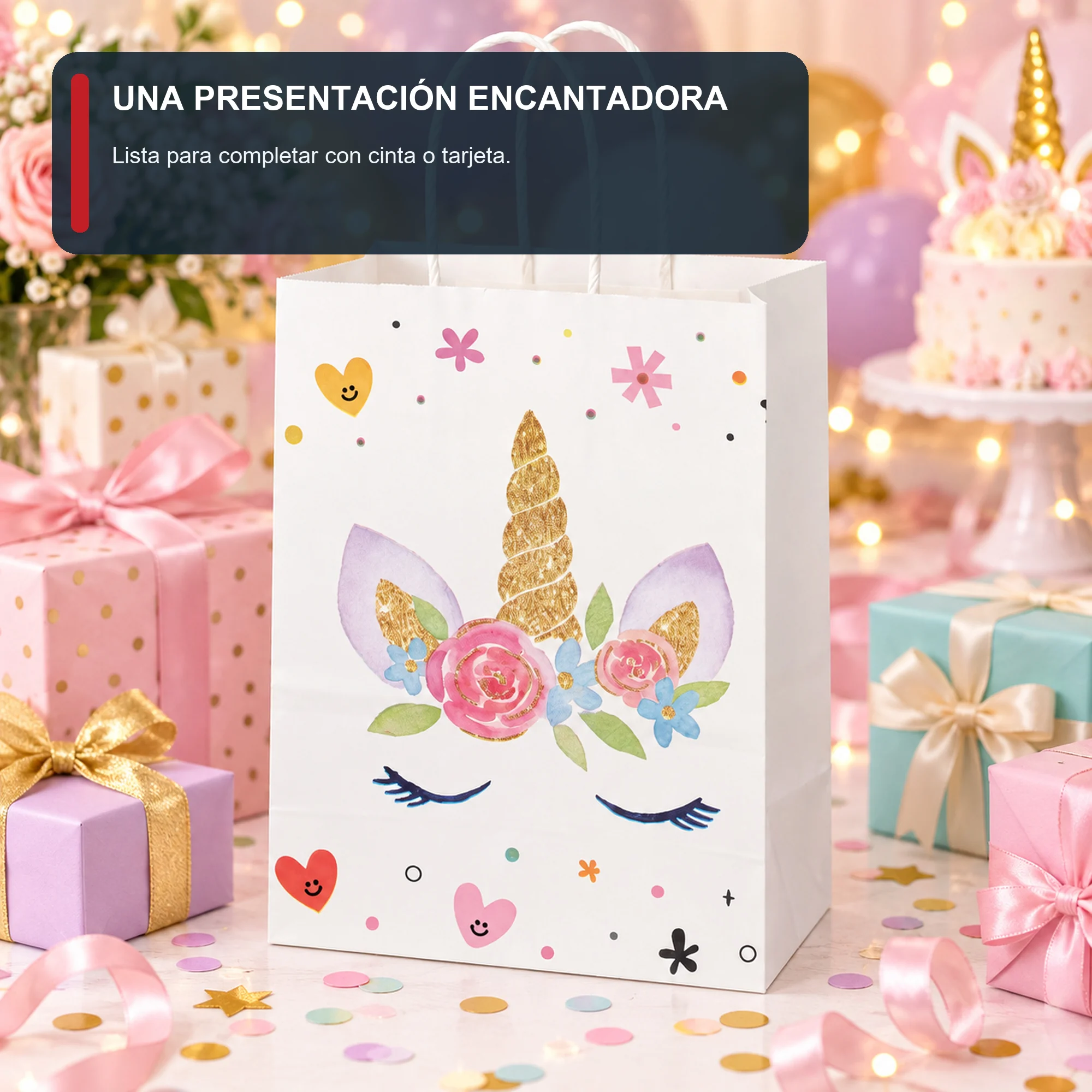 Bolsa de Regalo de Papel con Formato Grande De Unicornio y Asas Trenzadas, 21 × 27 × 11 cm, Diseños Surtidos