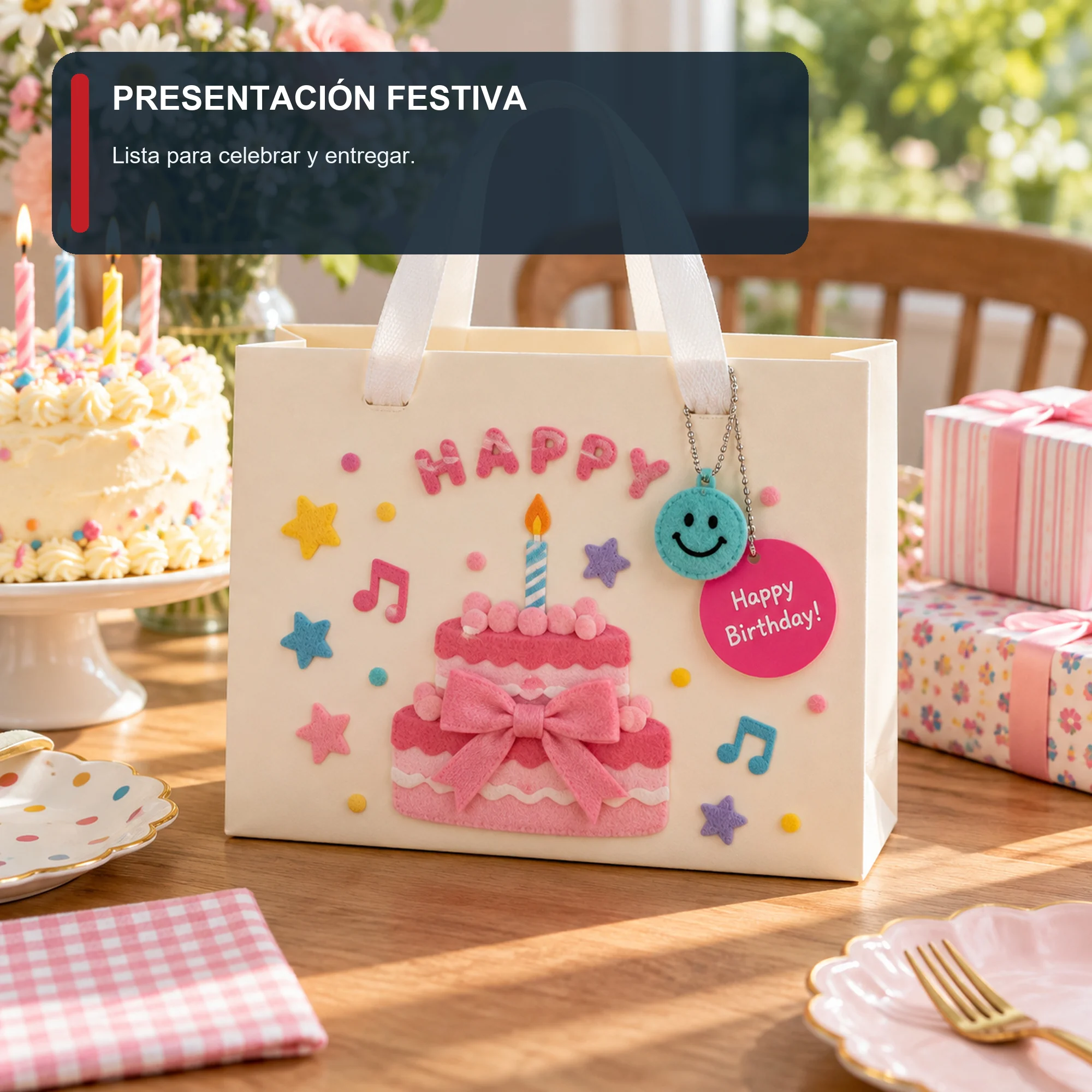 Bolsa de Regalo Rígida Ancha De Cumpleaños con Torta Con Lazo Y Vela, 24,5 × 19,5 × 9,5 cm