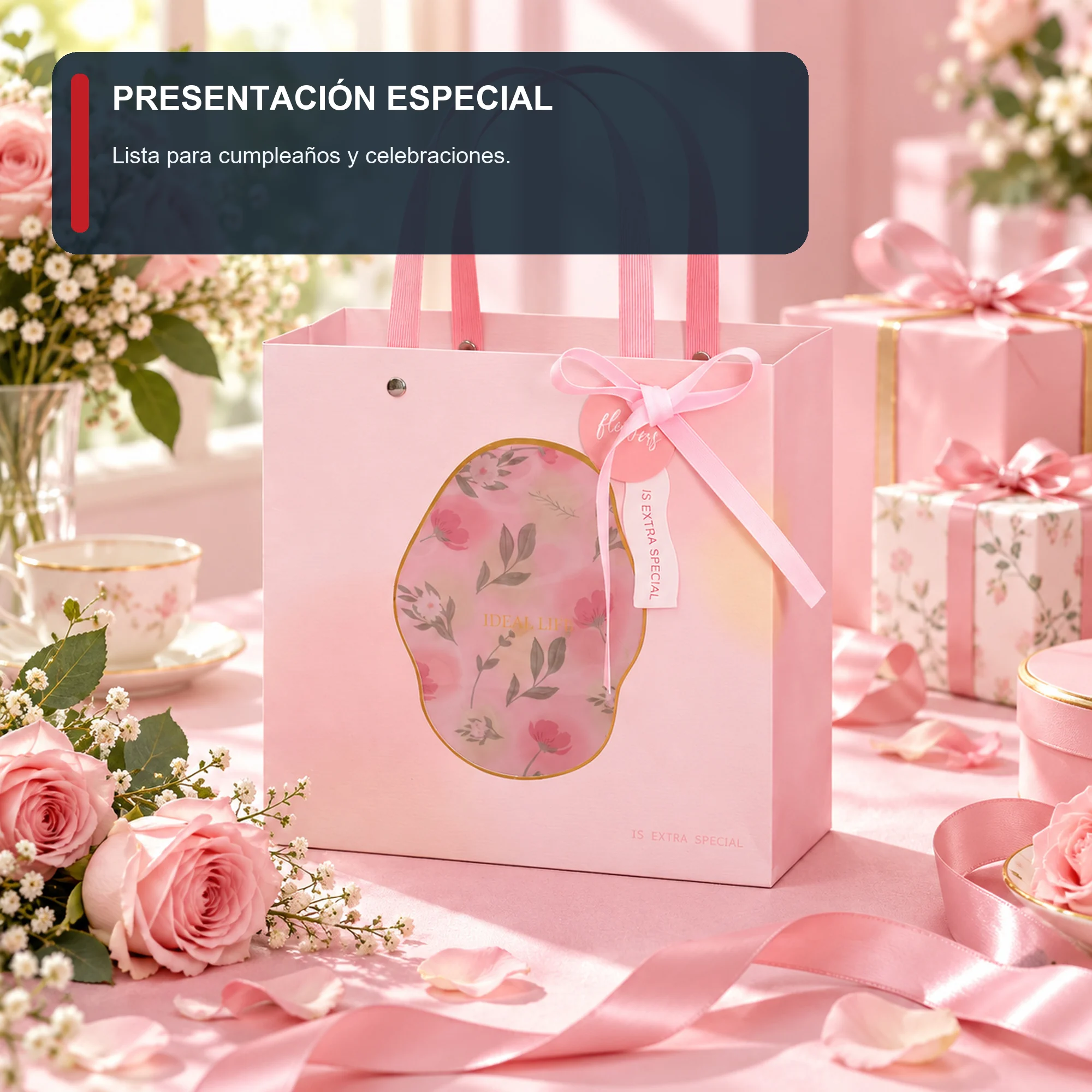 Bolsa de Regalo Rígida Floral con Formato Cuadrado Floral, 22 × 22 × 10 cm