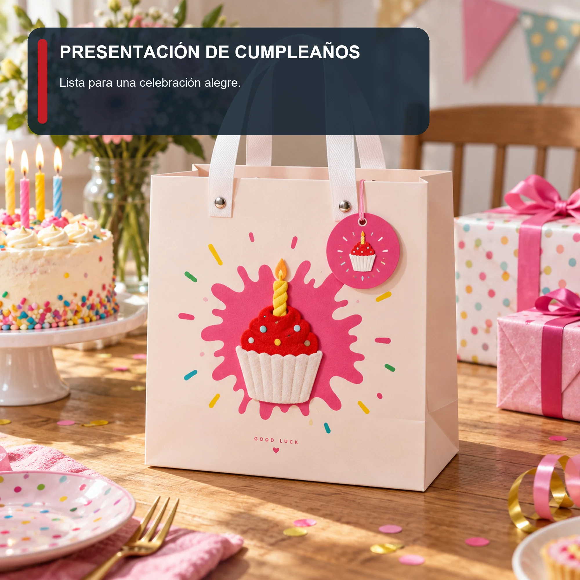 Bolsa de Regalo Rígida De Cumpleaños con Aplique De Cupcake, 22 × 22 × 10 cm