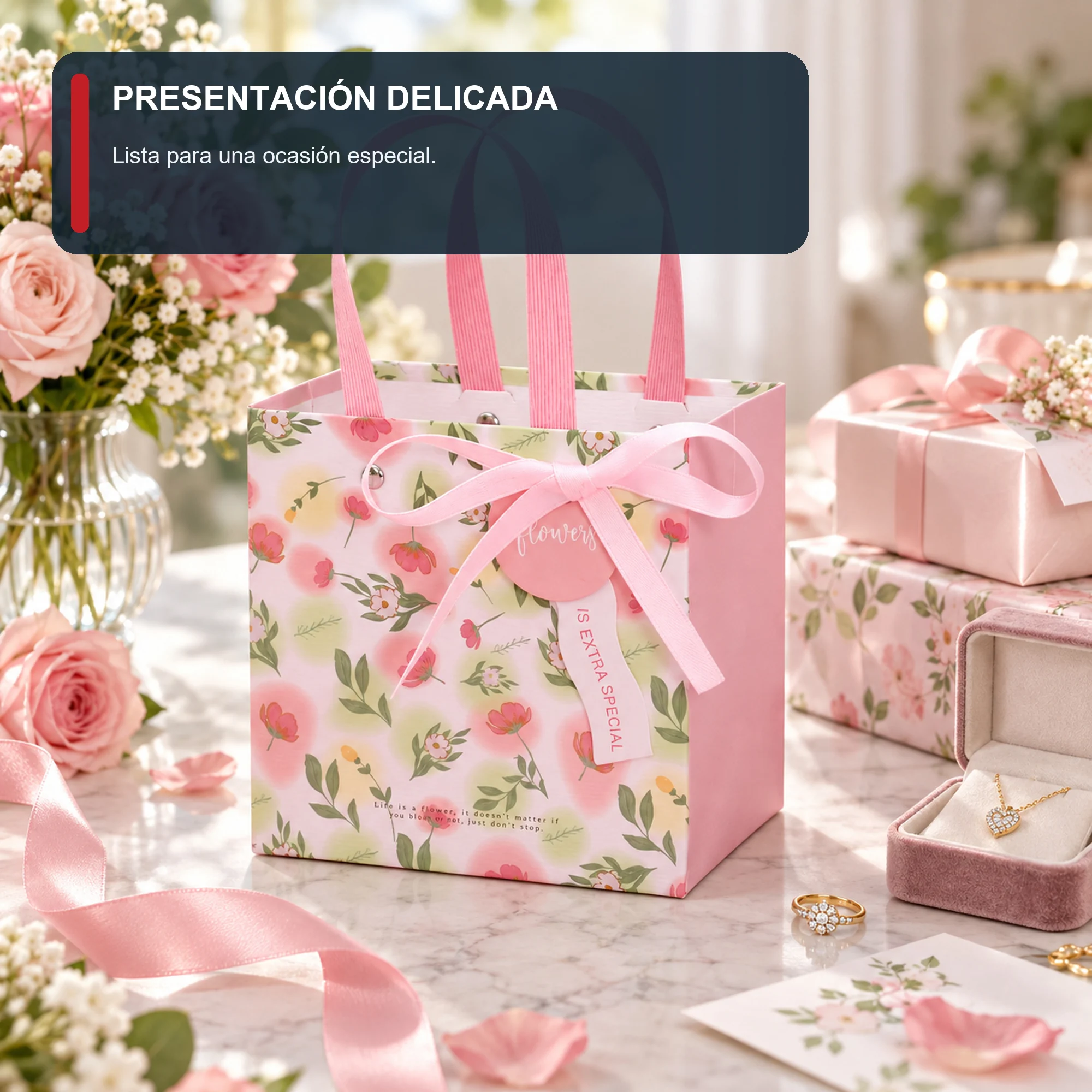 Bolsa de Regalo Rígida Floral con Formato Compacto Floral, 14,5 × 14,5 × 10 cm