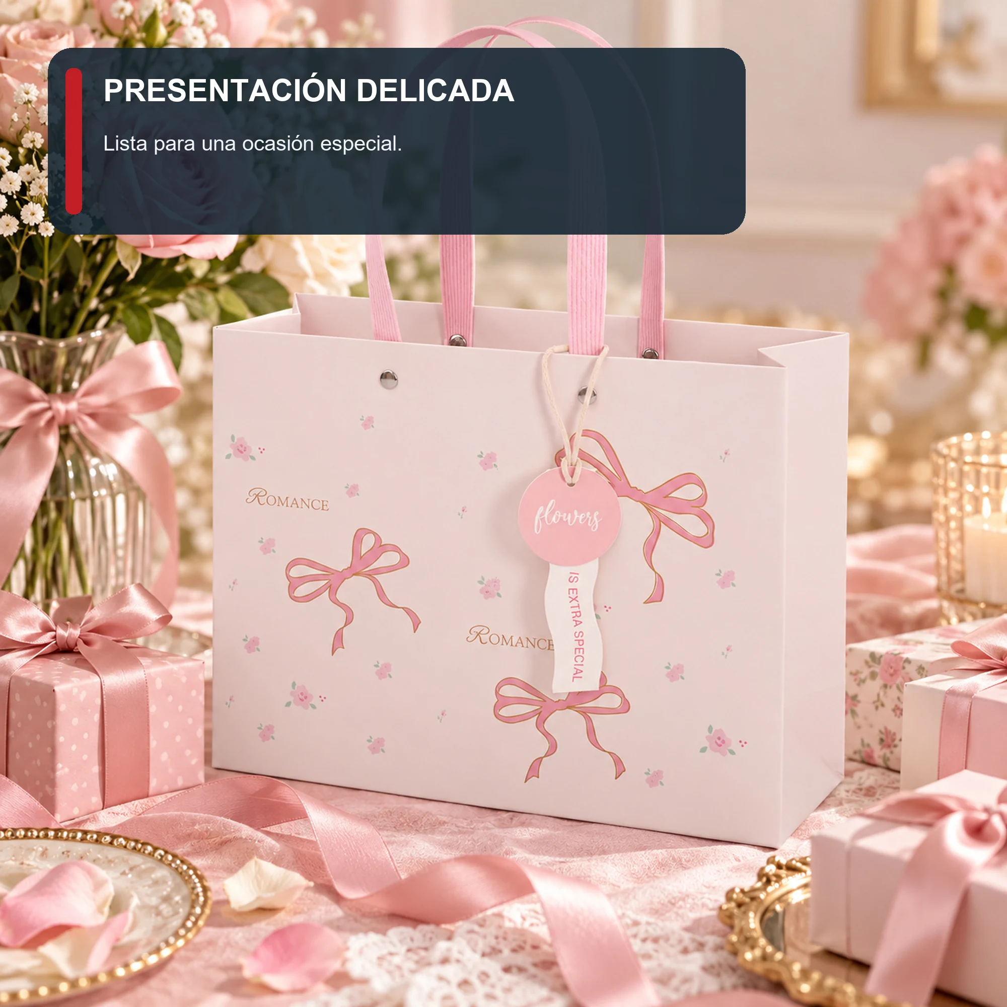 Bolsa de Regalo Rígida Estampada con Lazos Con Borde Dorado, 24,5 × 19,5 × 9,5 cm