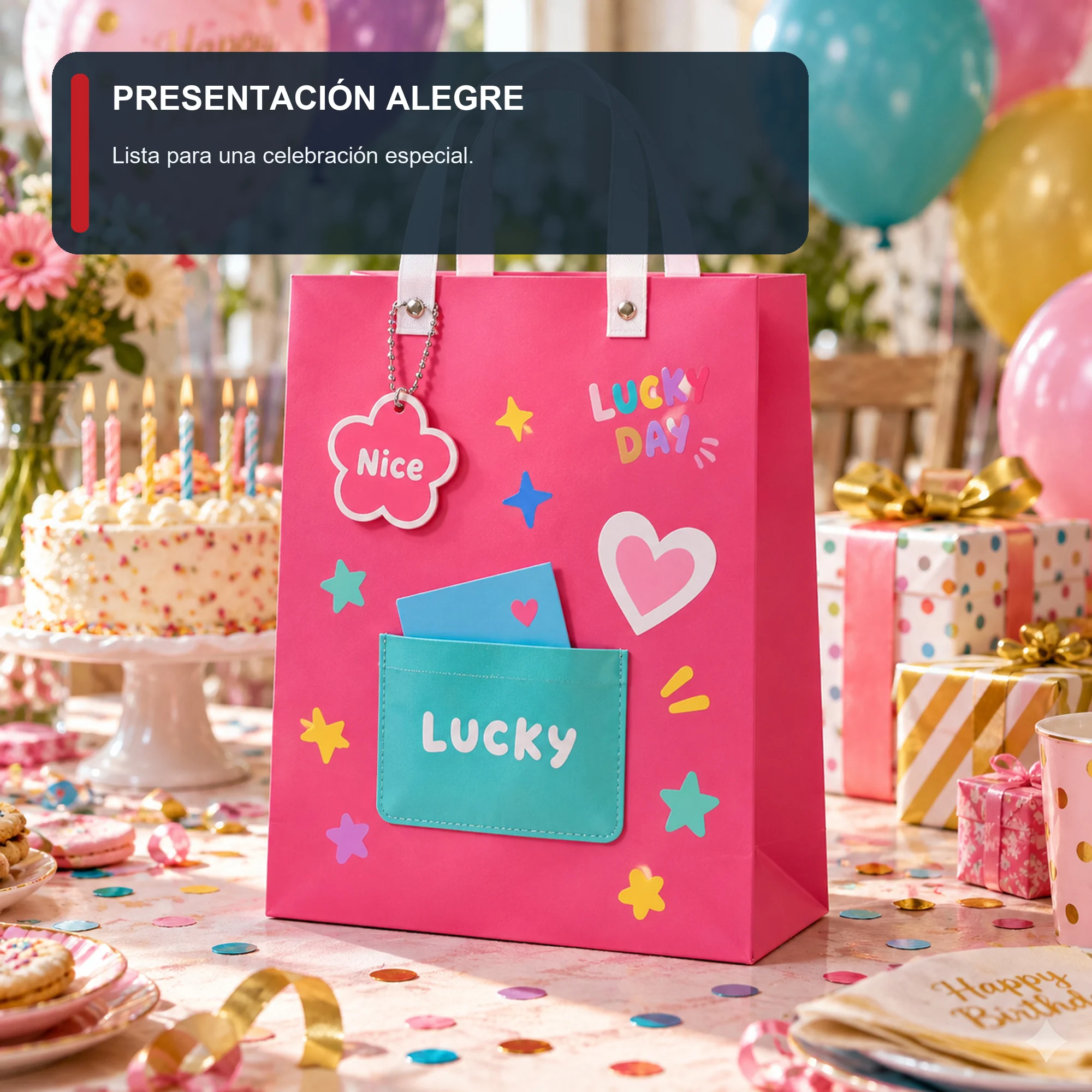 Bolsa de Regalo Rígida Lucky con Diseño Lucky Con Bolsillo, 26 × 32 × 12,5 cm