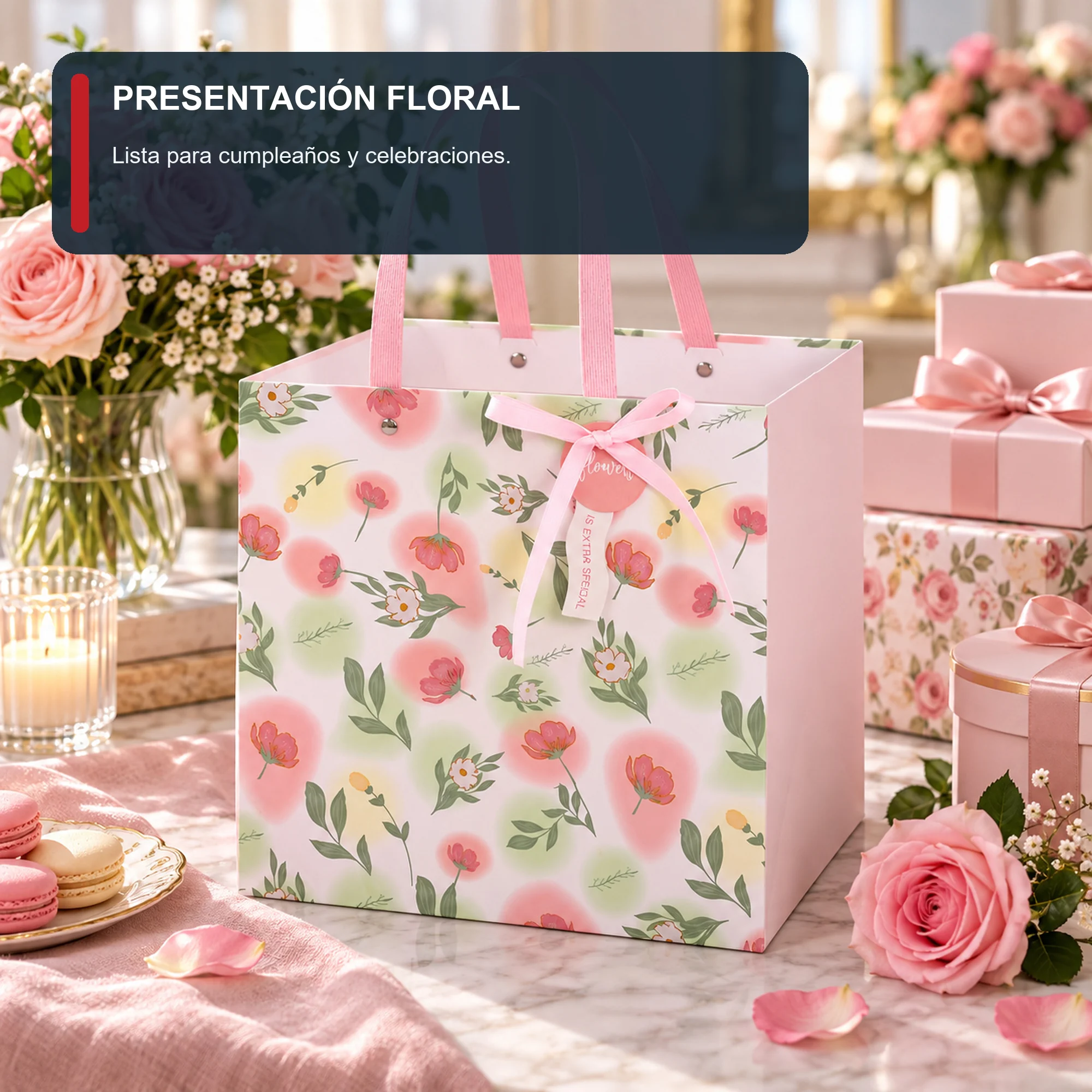 Bolsa de Regalo Rígida Floral con Formato Cuadrado Profundo, 26 × 26 × 25 cm