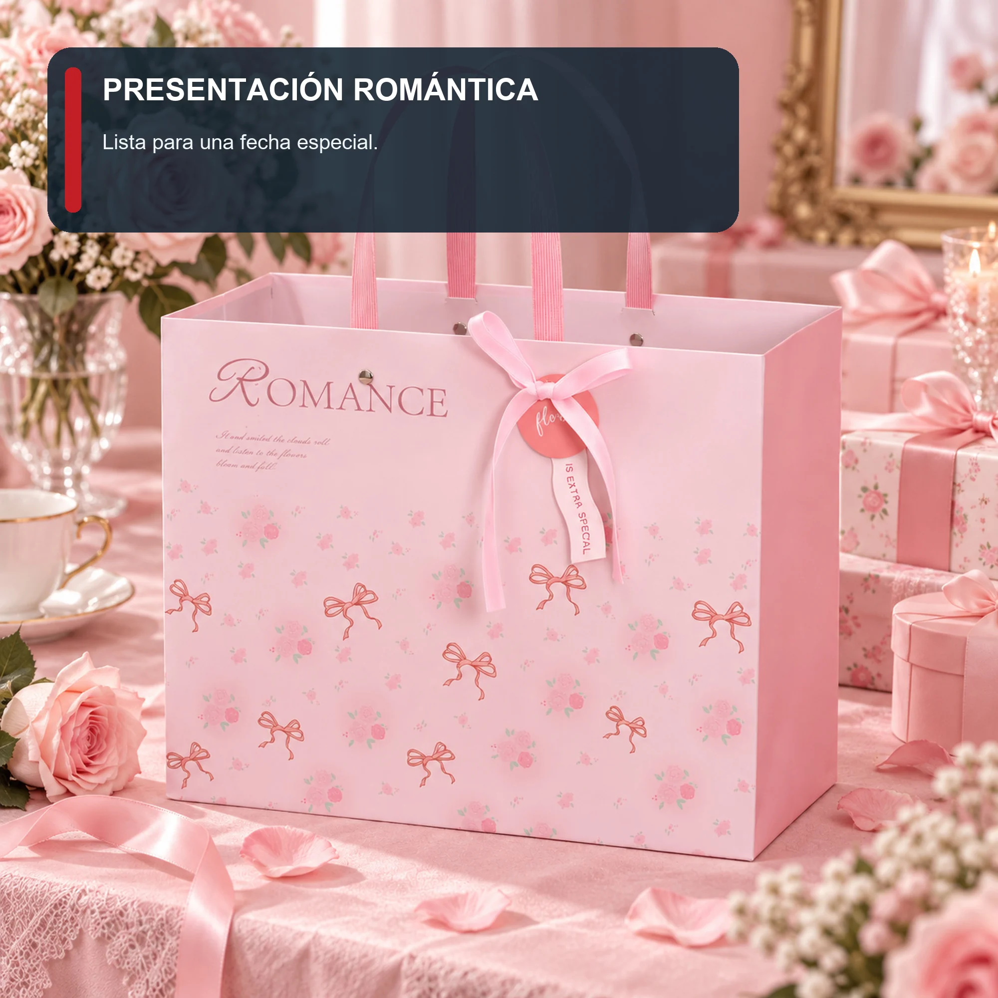 Bolsa de Regalo Rígida Romántica con Formato Ancho Romántico, 32 × 25,5 × 15 cm