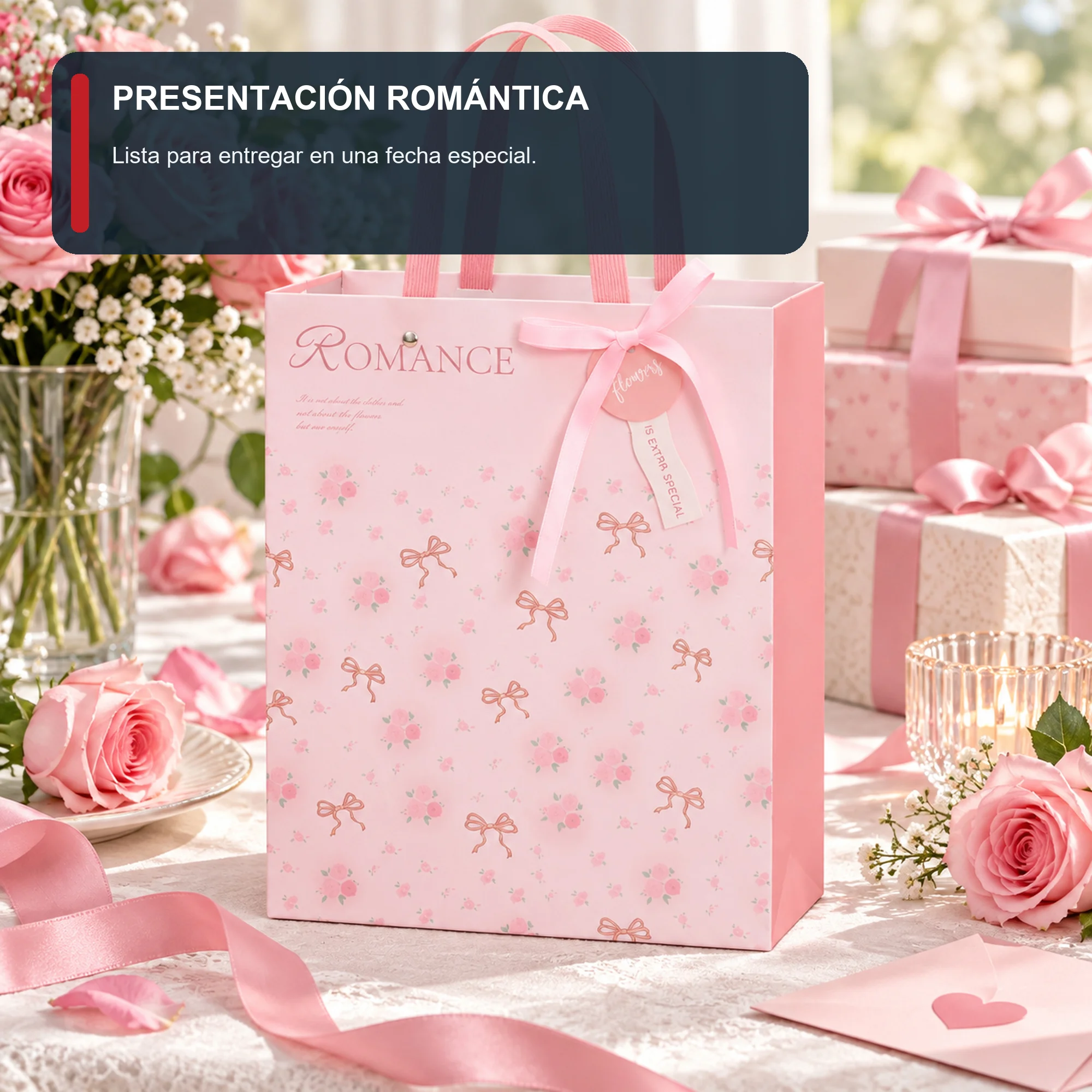 Bolsa de Regalo Rígida Romántica con Formato Alto Romántico, 26 × 32 × 12,5 cm