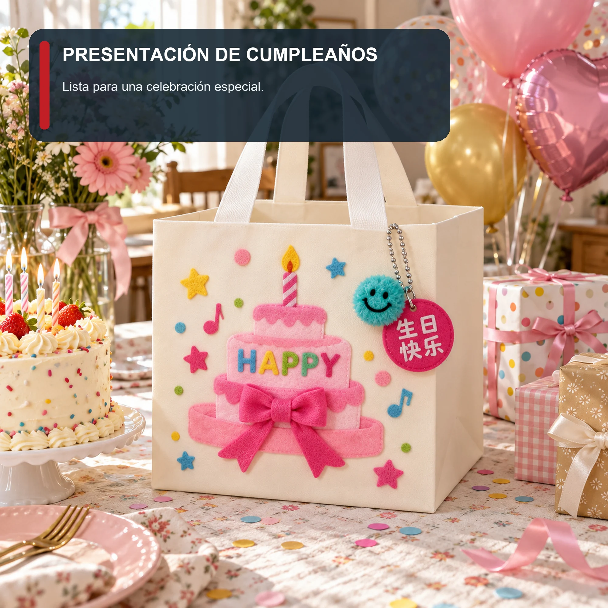 Bolsa de Regalo Rígida De Cumpleaños con Torta Con Lazo Y Vela, 20 × 20 × 20 cm