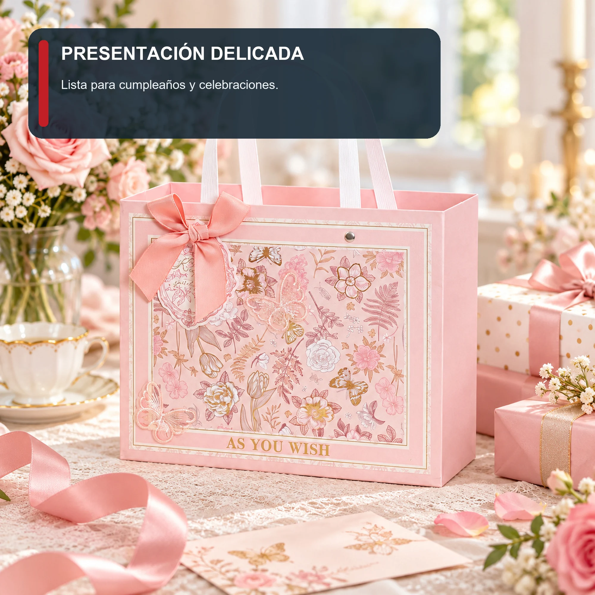 Bolsa de Regalo Rosada Floral Ancha, 24,5 × 19,5 × 9,5 cm
