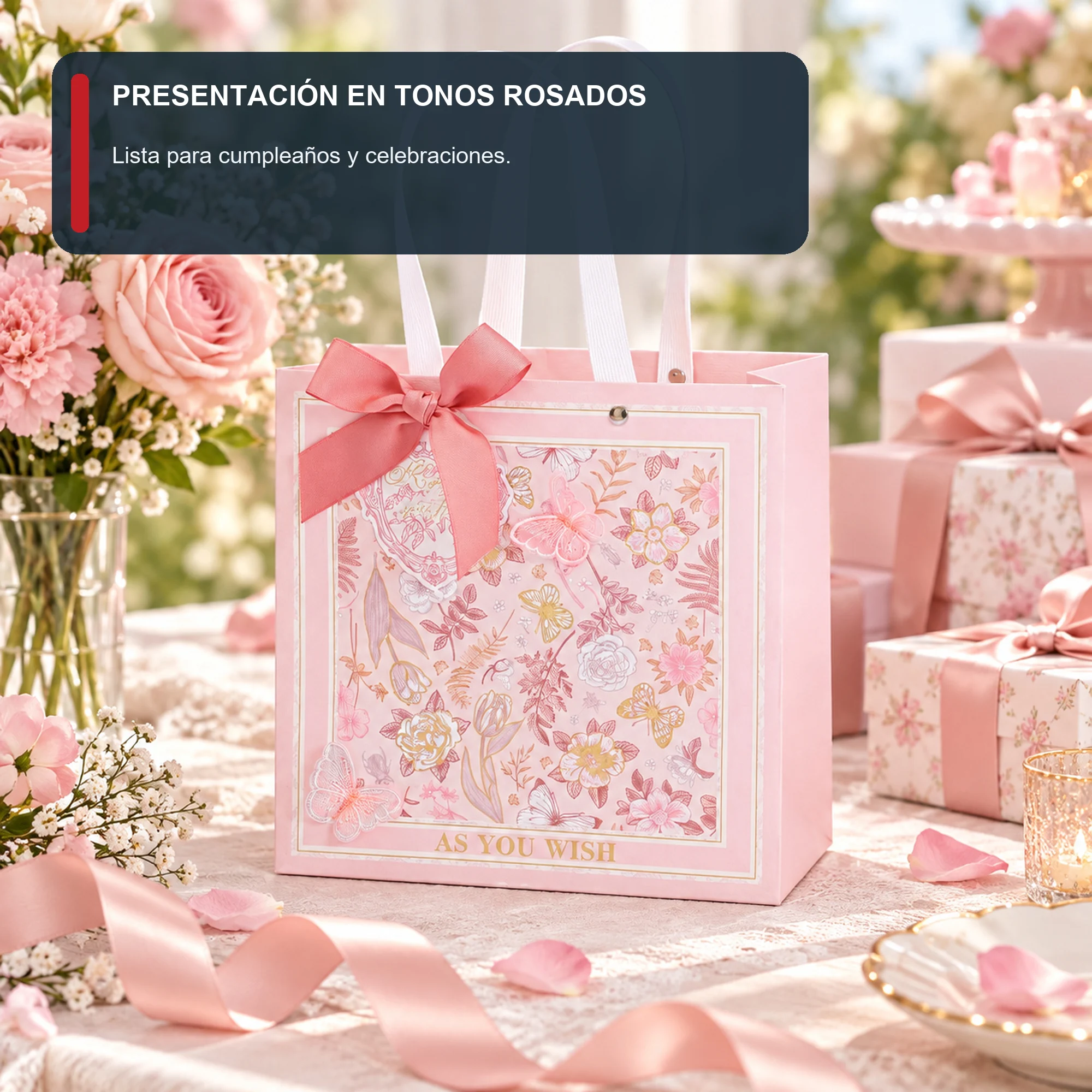 Bolsa de Regalo Rosada Floral Con Mariposas, 22 × 22 × 10 cm