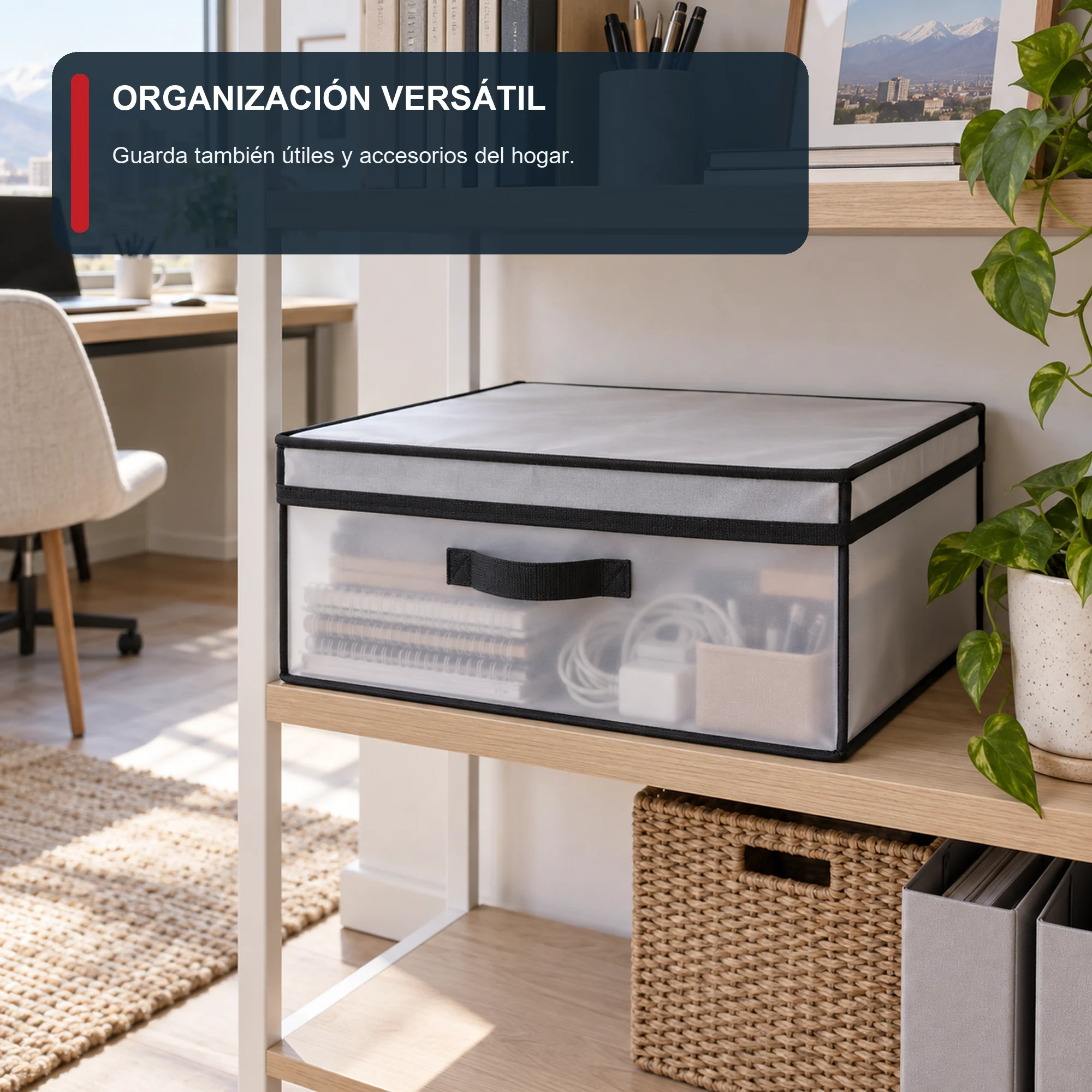 Caja organizadora grande de perfil bajo de PEVA y PP, 41 × 35 × 20 cm, 1 Unidad