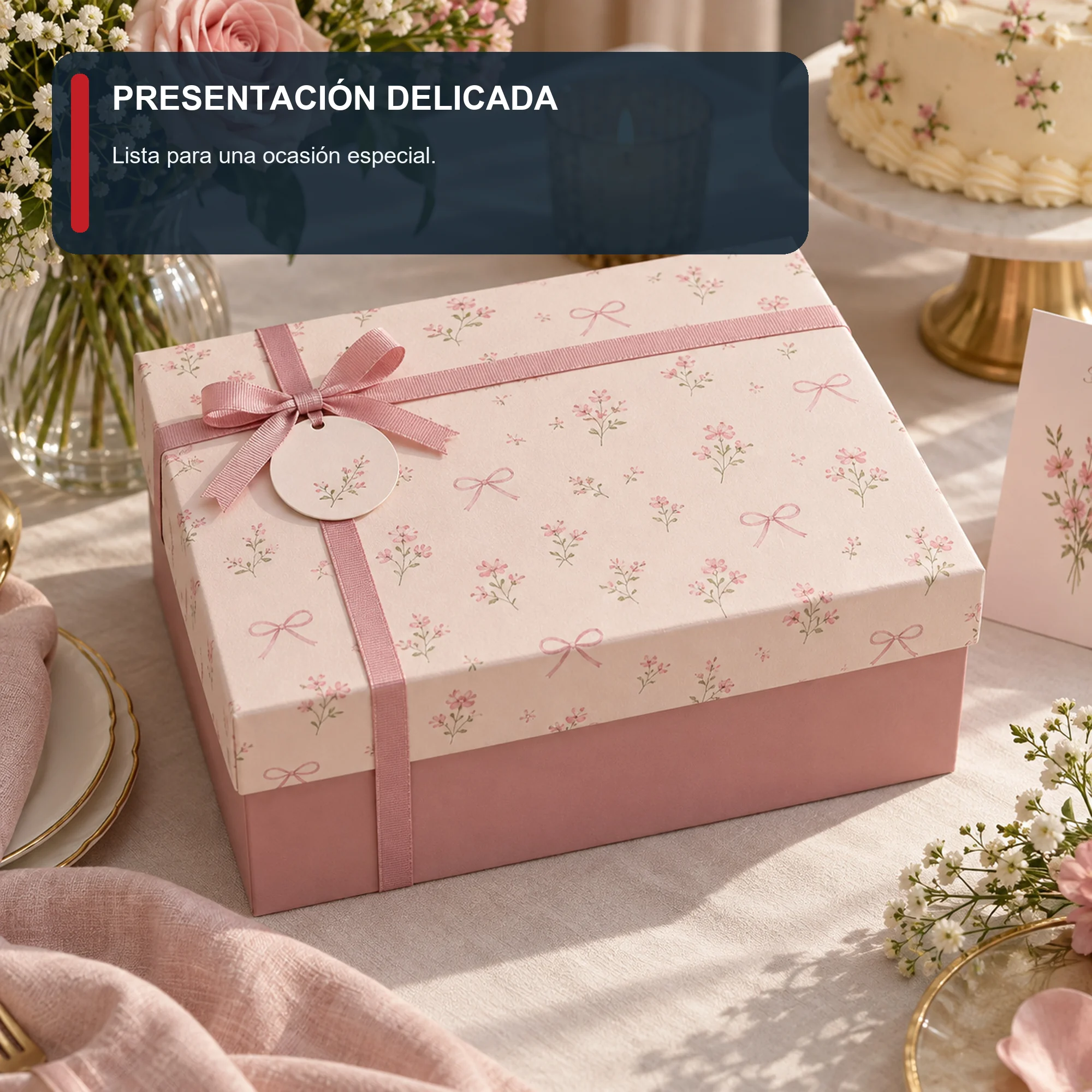 Caja de Regalo Caja Rígida Floral con Tapa y Cinta, 22,5 × 17 × 10 cm