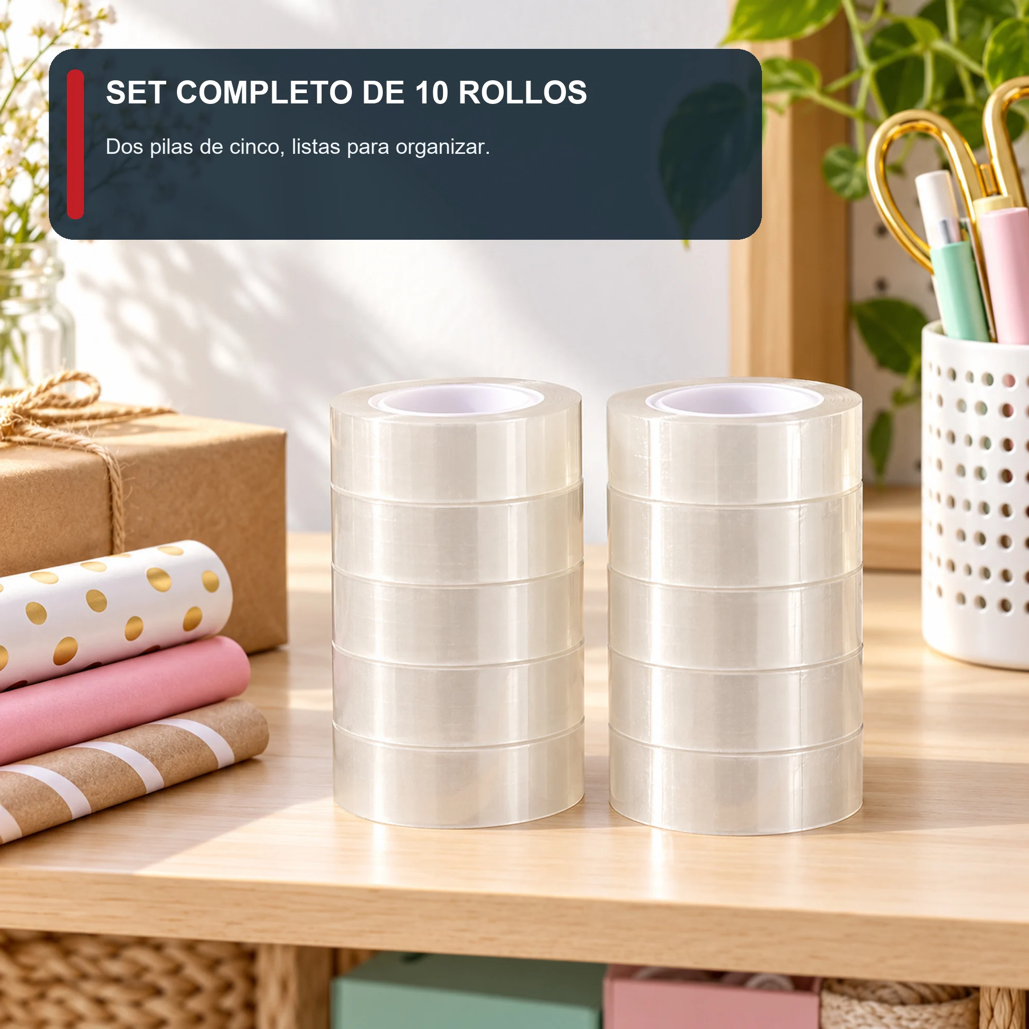 Cinta Adhesiva Transparente, 10 Rollos de 15 mm × 30 yd