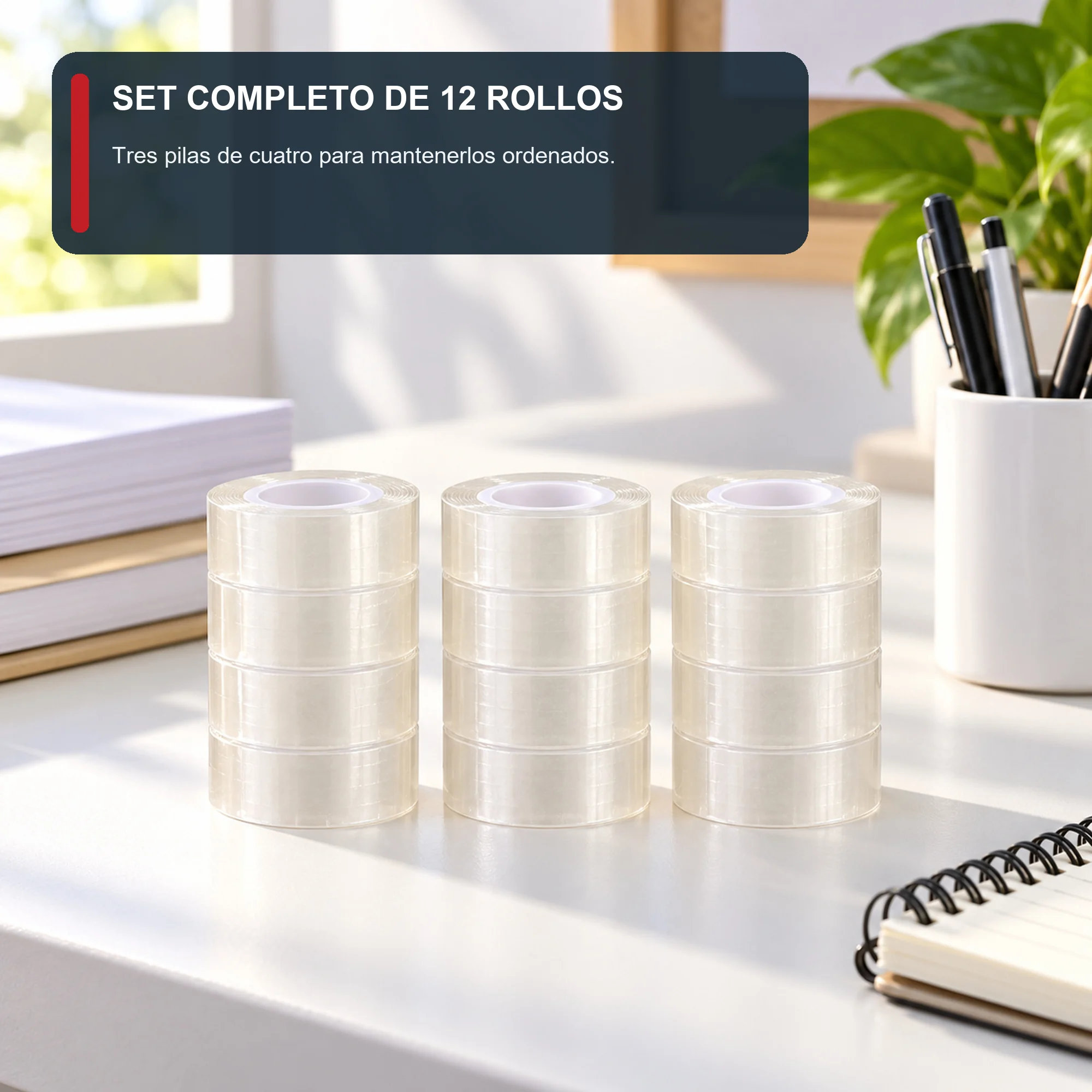 Cinta Adhesiva Transparente, 12 Rollos de 12 mm × 30 yd