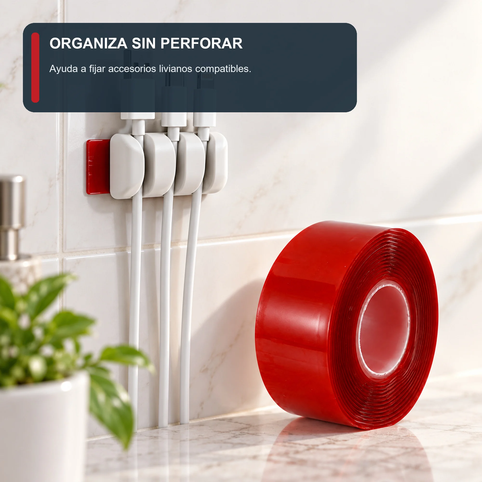 Cinta Doble Contacto de Gel Acrílico Roja, 19 mm × 2 m