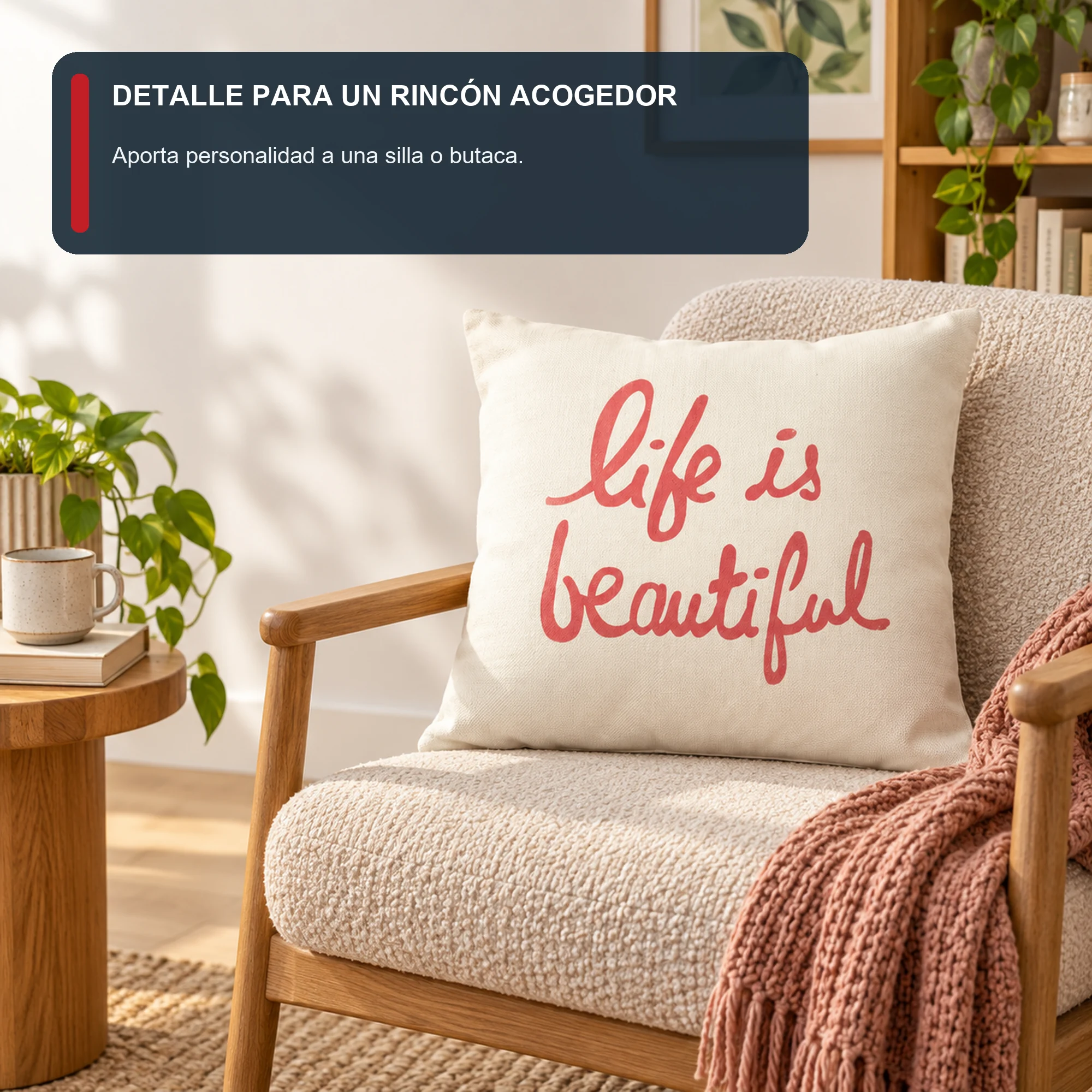 Funda Decorativa para Cojín Marfil Con Frase Life Is Beautiful, 43 × 43 cm