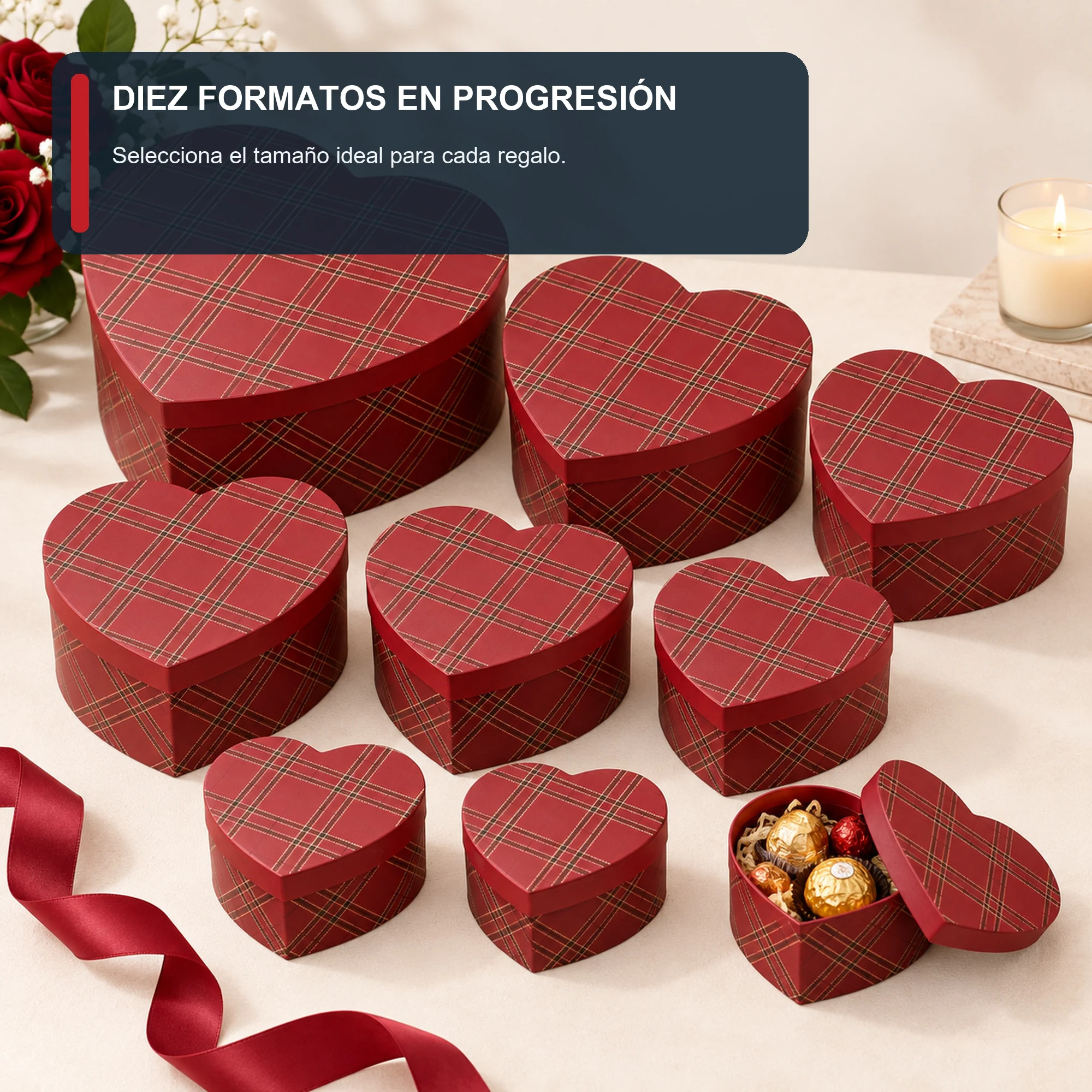 Juego de 10 Cajas de Regalo Juego De Cajas Corazón Con Cuadrillé, Tamaños Surtidos