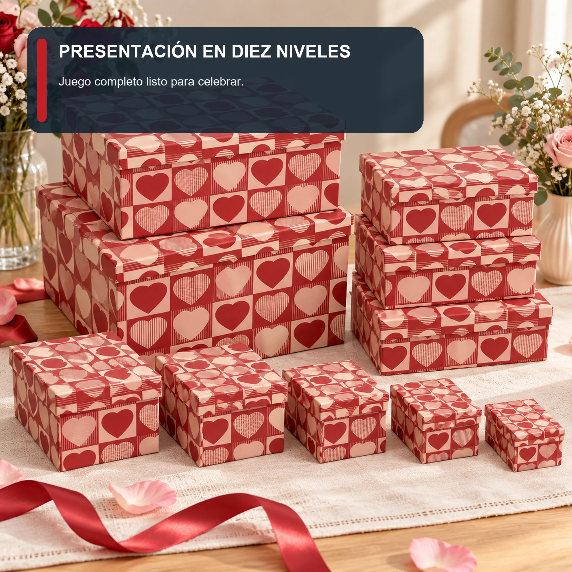 Juego de 10 Cajas de Regalo Juego Rectangular Con Corazones, Tamaños Surtidos