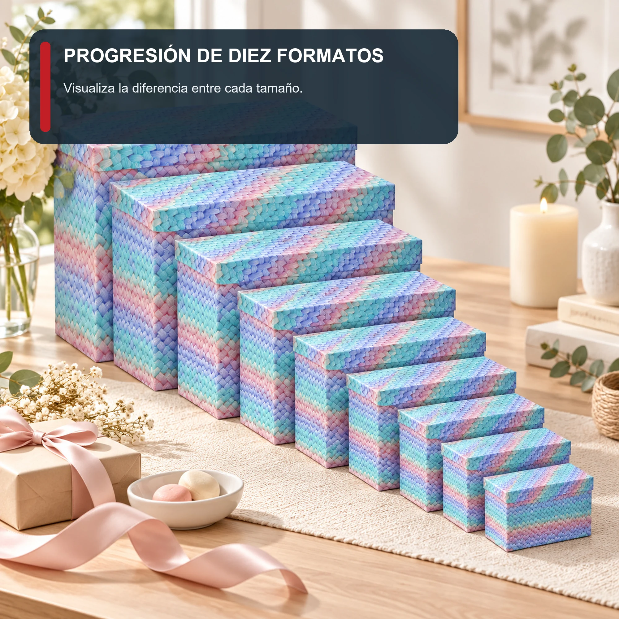 Juego de 10 Cajas de Regalo Juego Rectangular Con Efecto Tejido Pastel, Tamaños Surtidos