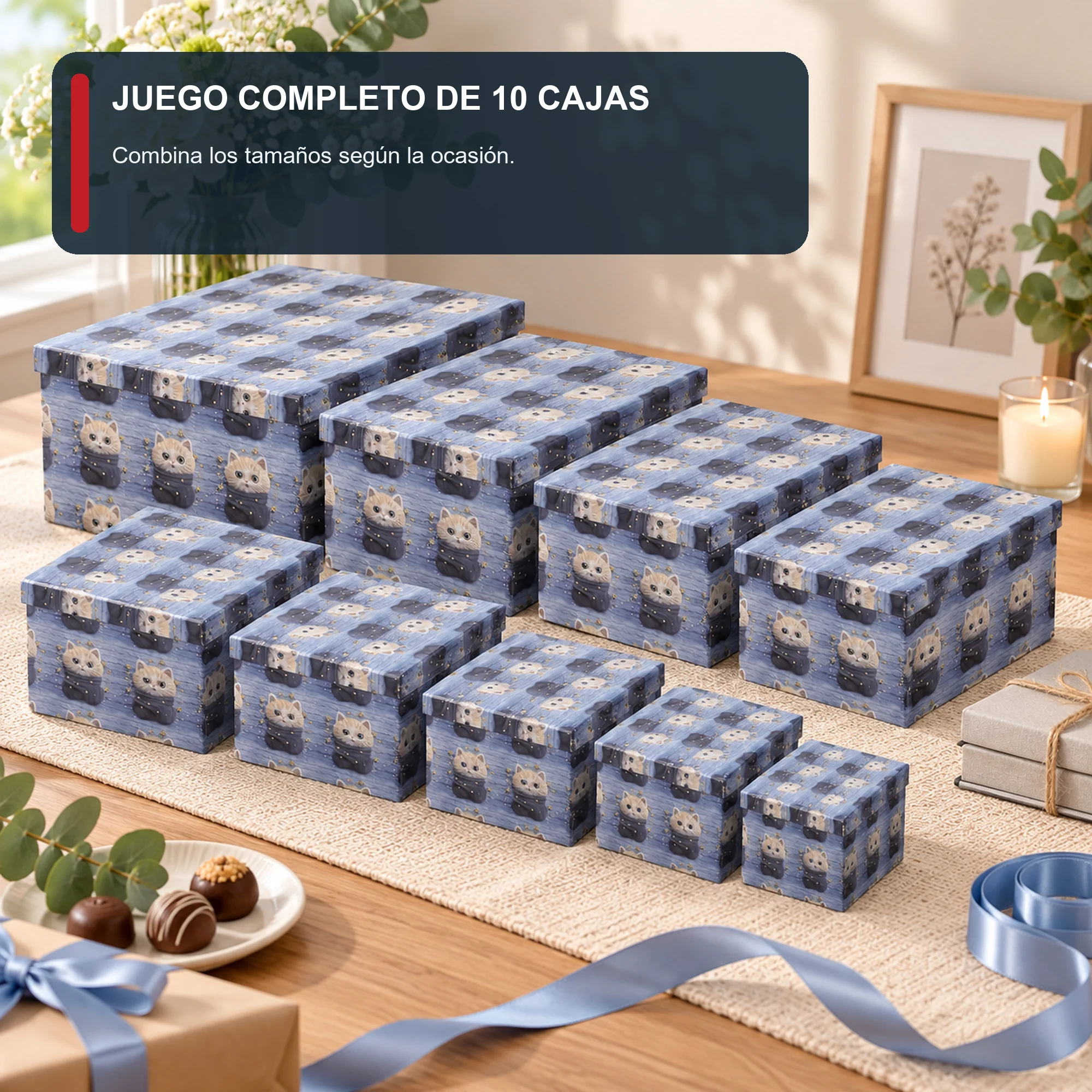 Juego de 10 Cajas de Regalo Juego Rectangular Azul Con Gatitos, Tamaños Surtidos